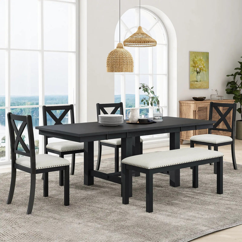 TOPMAX Farmhouse 82-Inch 6-Piece Extendable Dining Table Set by HouseOfZazla