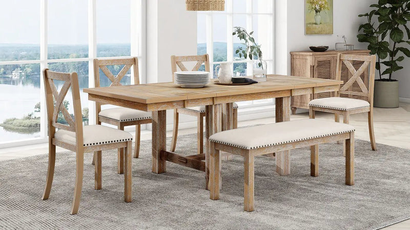 TOPMAX Farmhouse 82inch 6-Piece Extendable Dining Table Set by HouseOfZazla