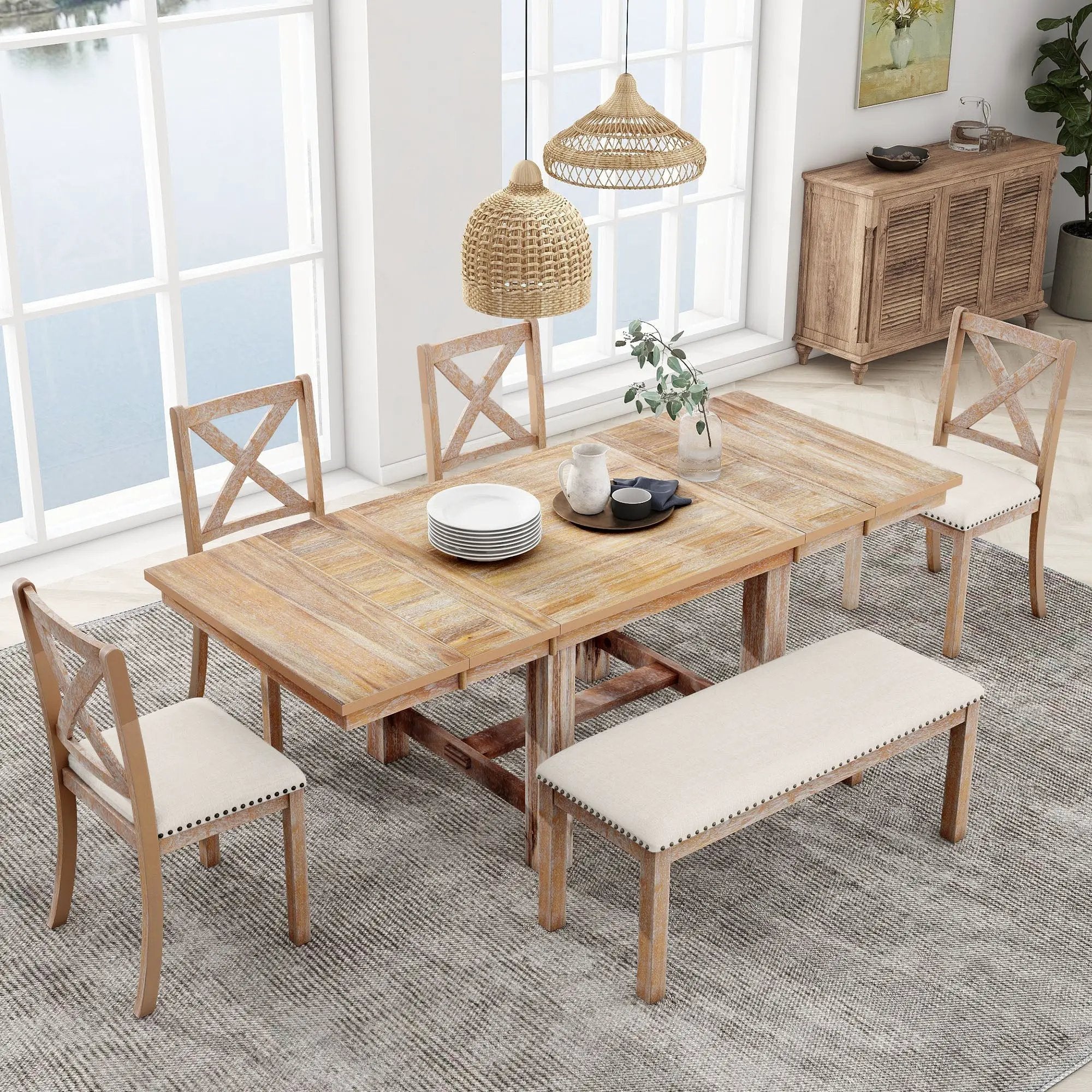 TOPMAX Farmhouse 82inch 6-Piece Extendable Dining Table Set by HouseOfZazla