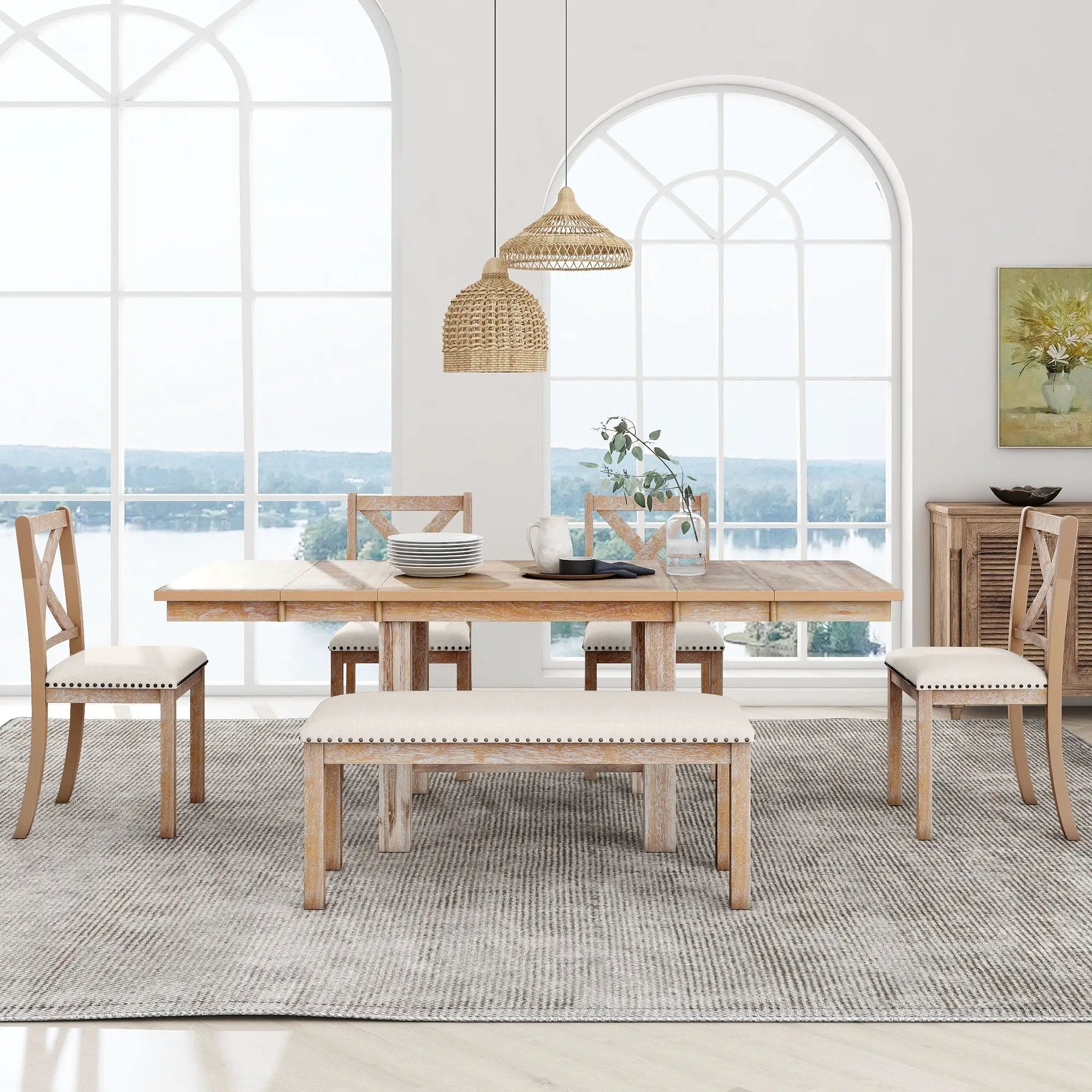 TOPMAX Farmhouse 82inch 6-Piece Extendable Dining Table Set by HouseOfZazla