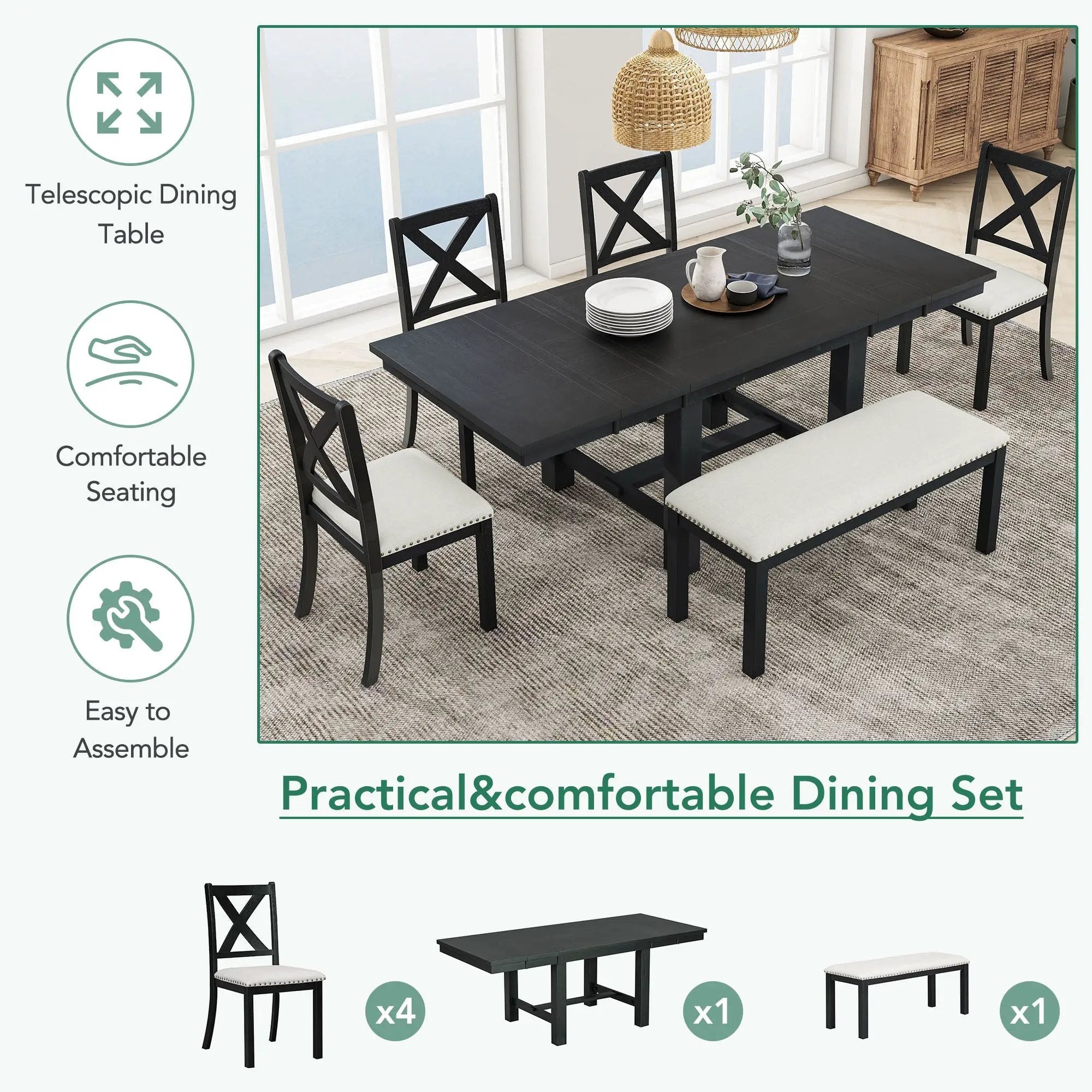 TOPMAX Farmhouse 82-Inch 6-Piece Extendable Dining Table Set by HouseOfZazla