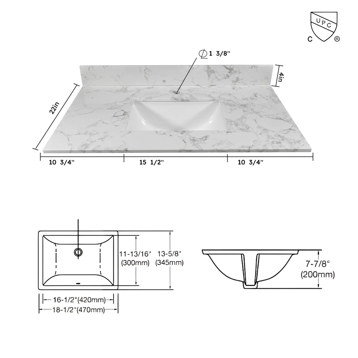 Montary 37-Inch Bathroom Vanity Top in Stone Carrara by HouseOfZazla
