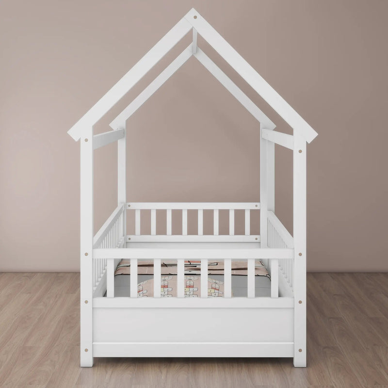 Twin Size Floor Wooden Bed with House Roof Frame by HouseOfZazla