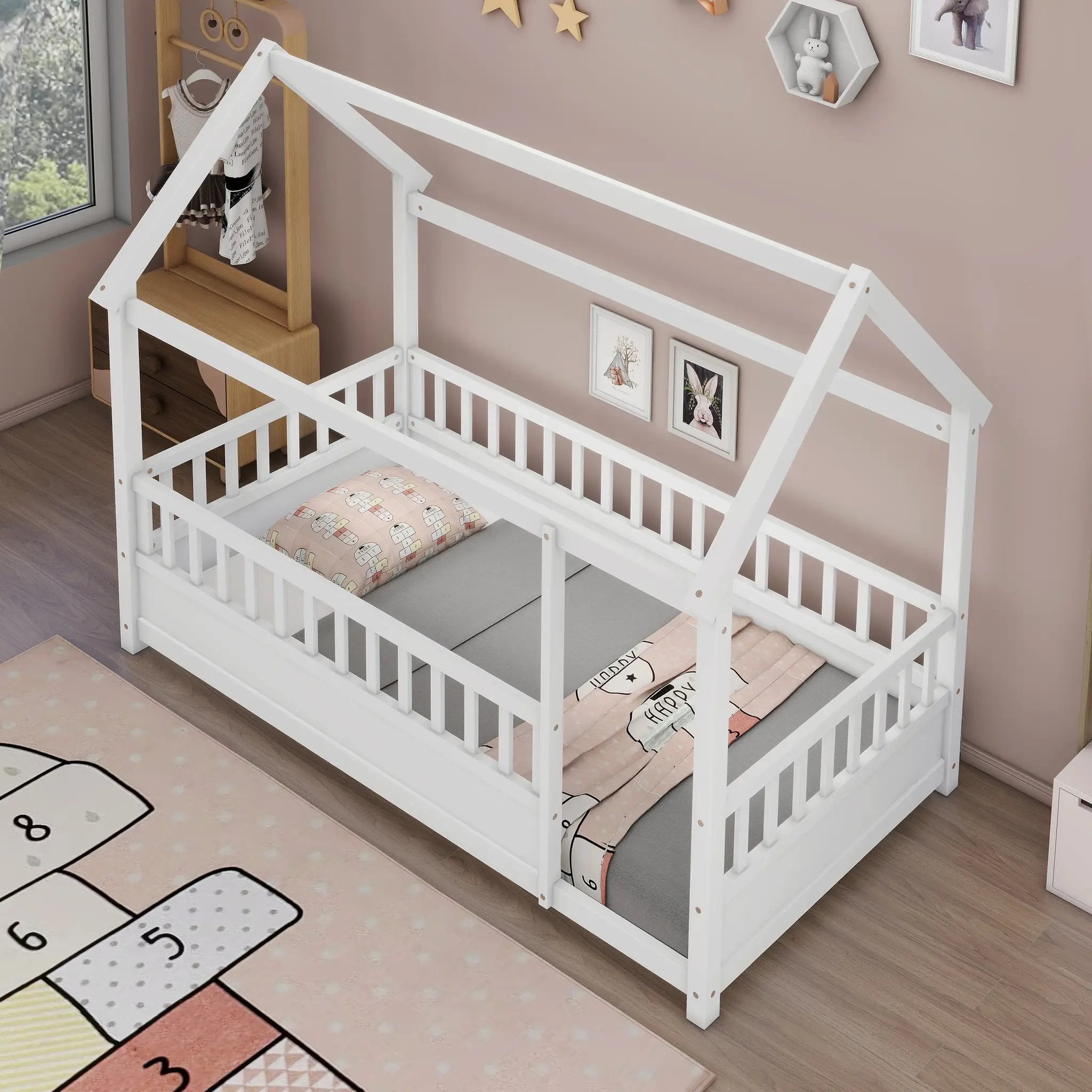 Twin Size Floor Wooden Bed with House Roof Frame by HouseOfZazla