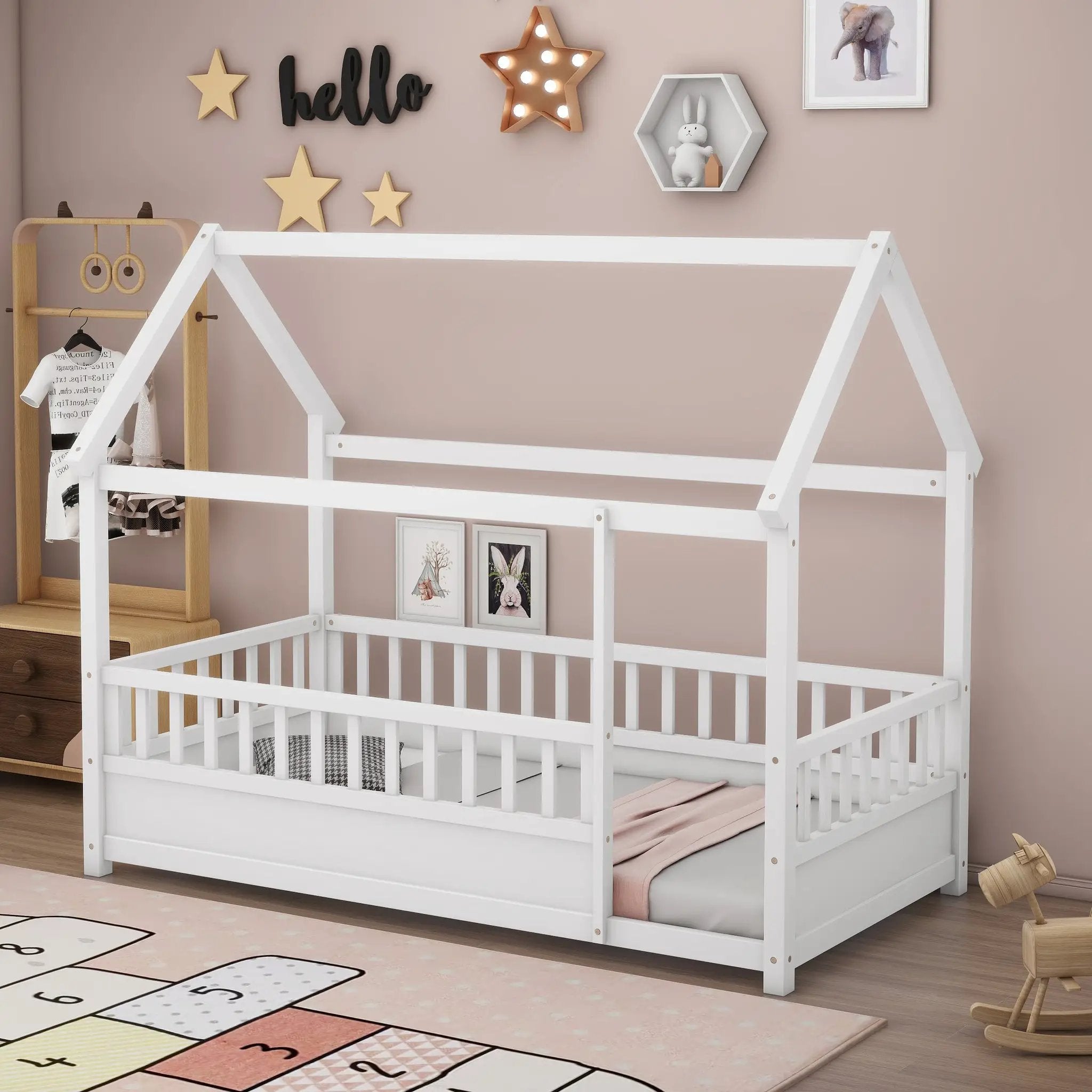 Twin Size Floor Wooden Bed with House Roof Frame by HouseOfZazla