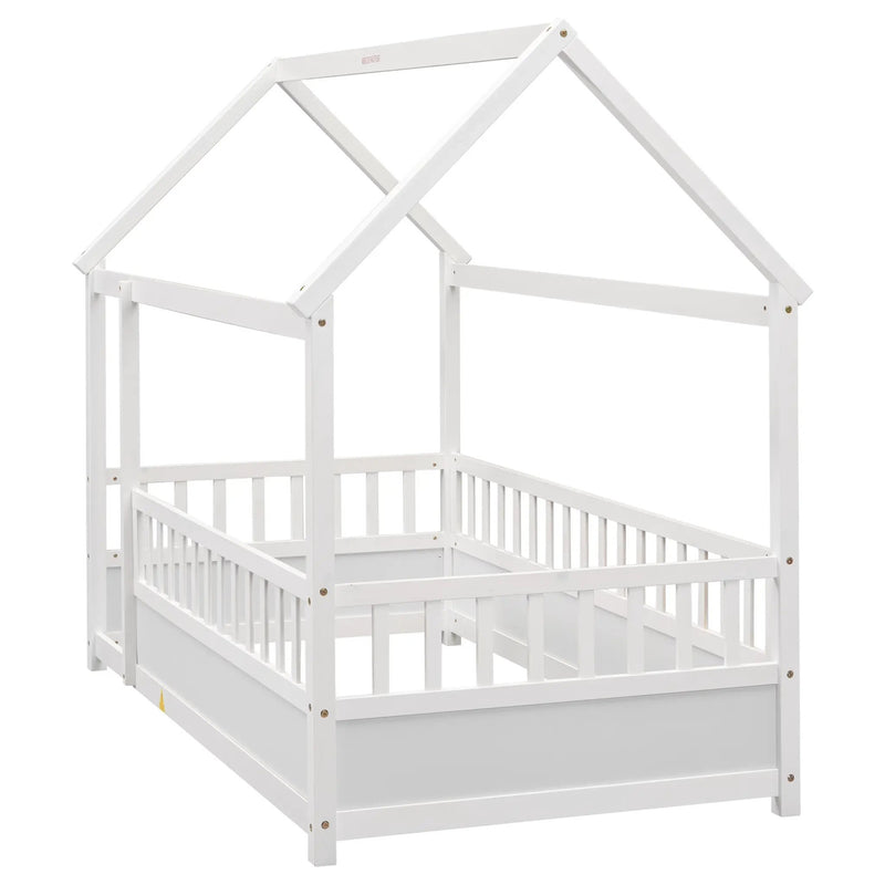 Twin Size Floor Wooden Bed with House Roof Frame by HouseOfZazla