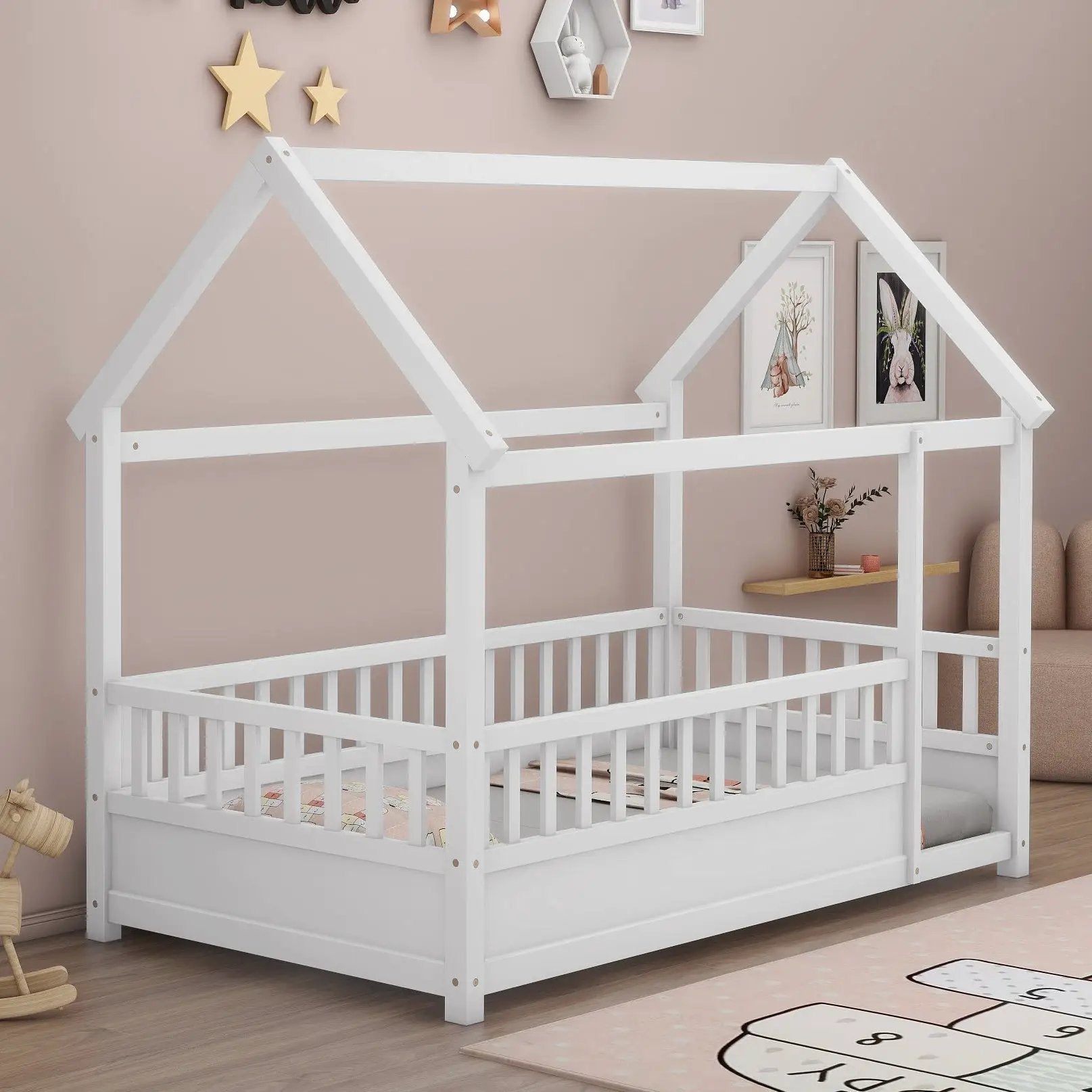 Twin Size Floor Wooden Bed with House Roof Frame by HouseOfZazla