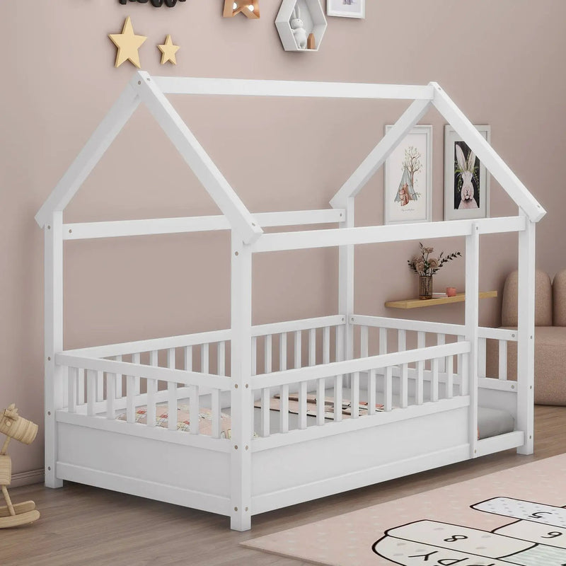 Twin Size Floor Wooden Bed with House Roof Frame by HouseOfZazla