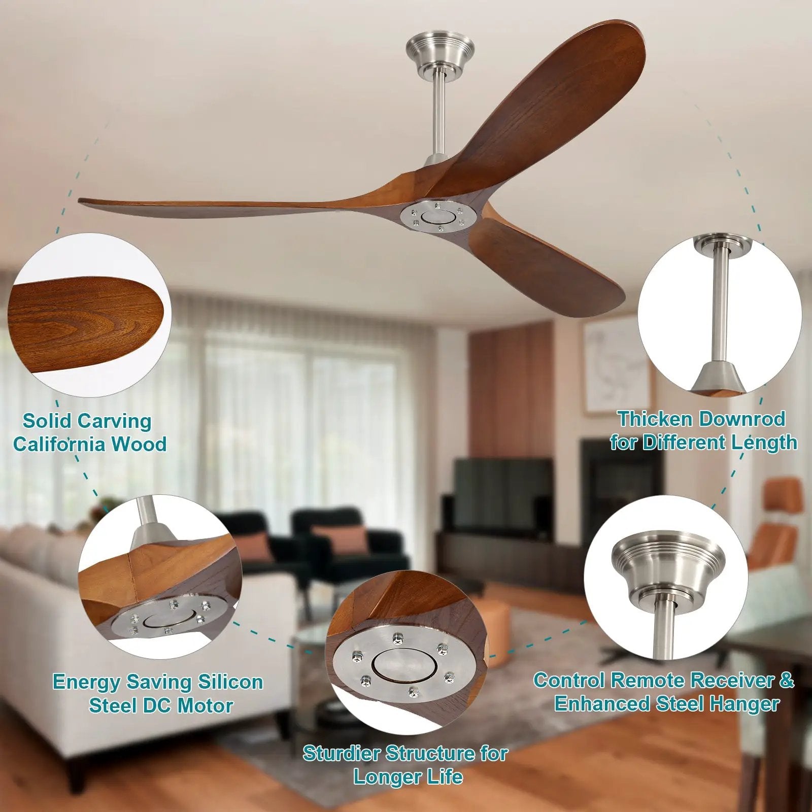 60 Inch Indoor Modern Ceiling Fan With 3 Solid Wood Blades by HouseOfZazla