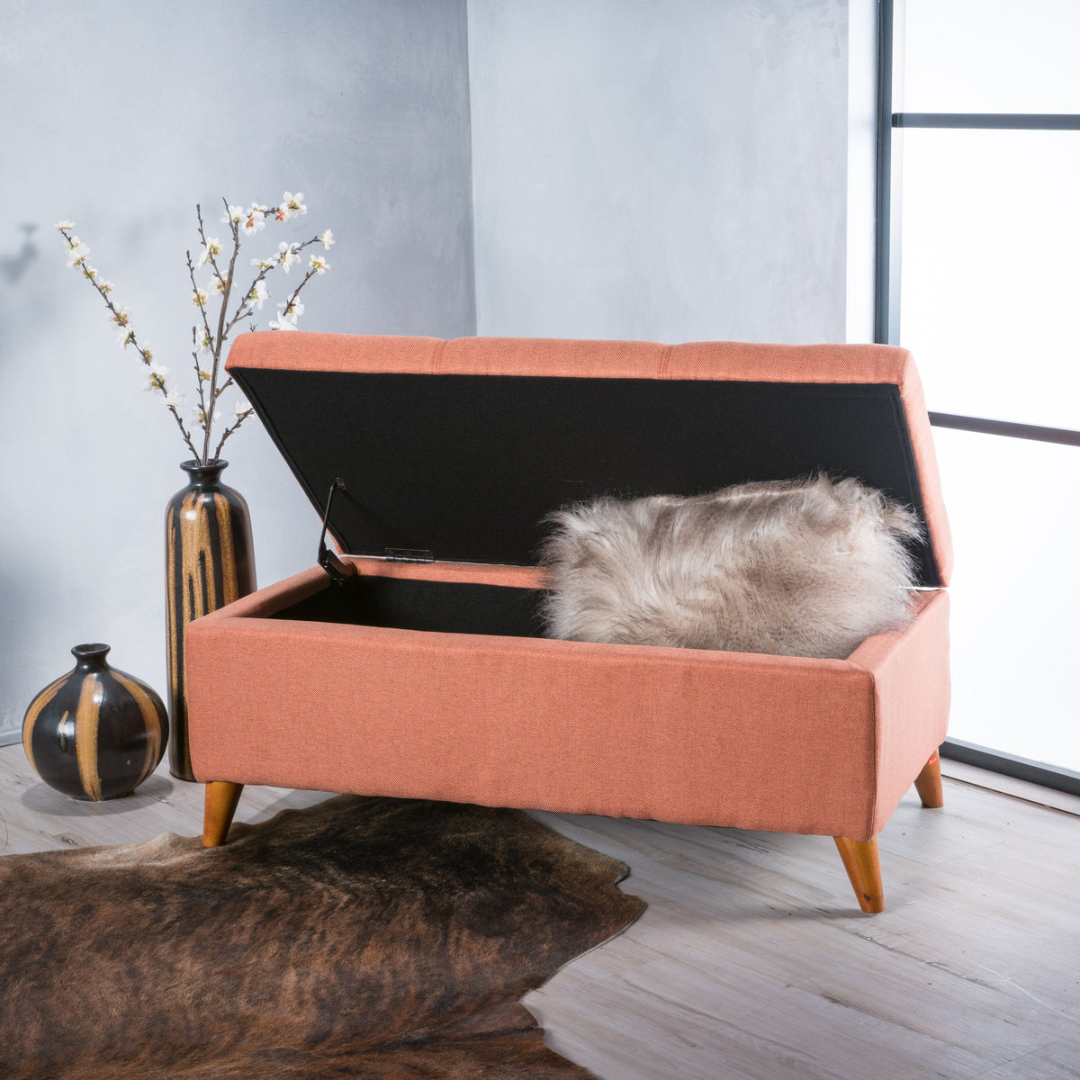 Tufted Ainsley Button Storage Ottoman Bench with Lift-Top - Orange or Teal, photo 3 of 10