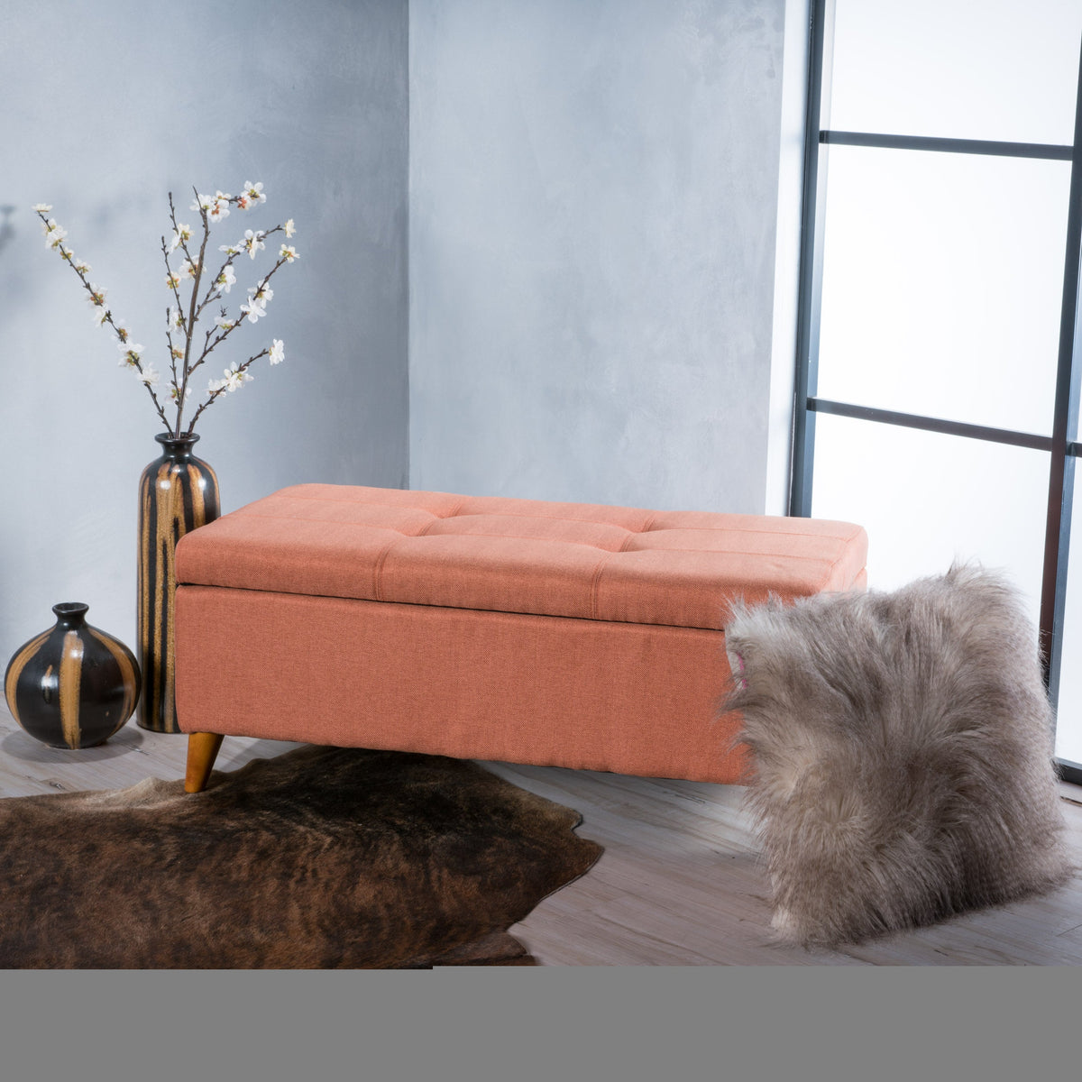 Tufted Ainsley Button Storage Ottoman Bench with Lift-Top - Orange or Teal