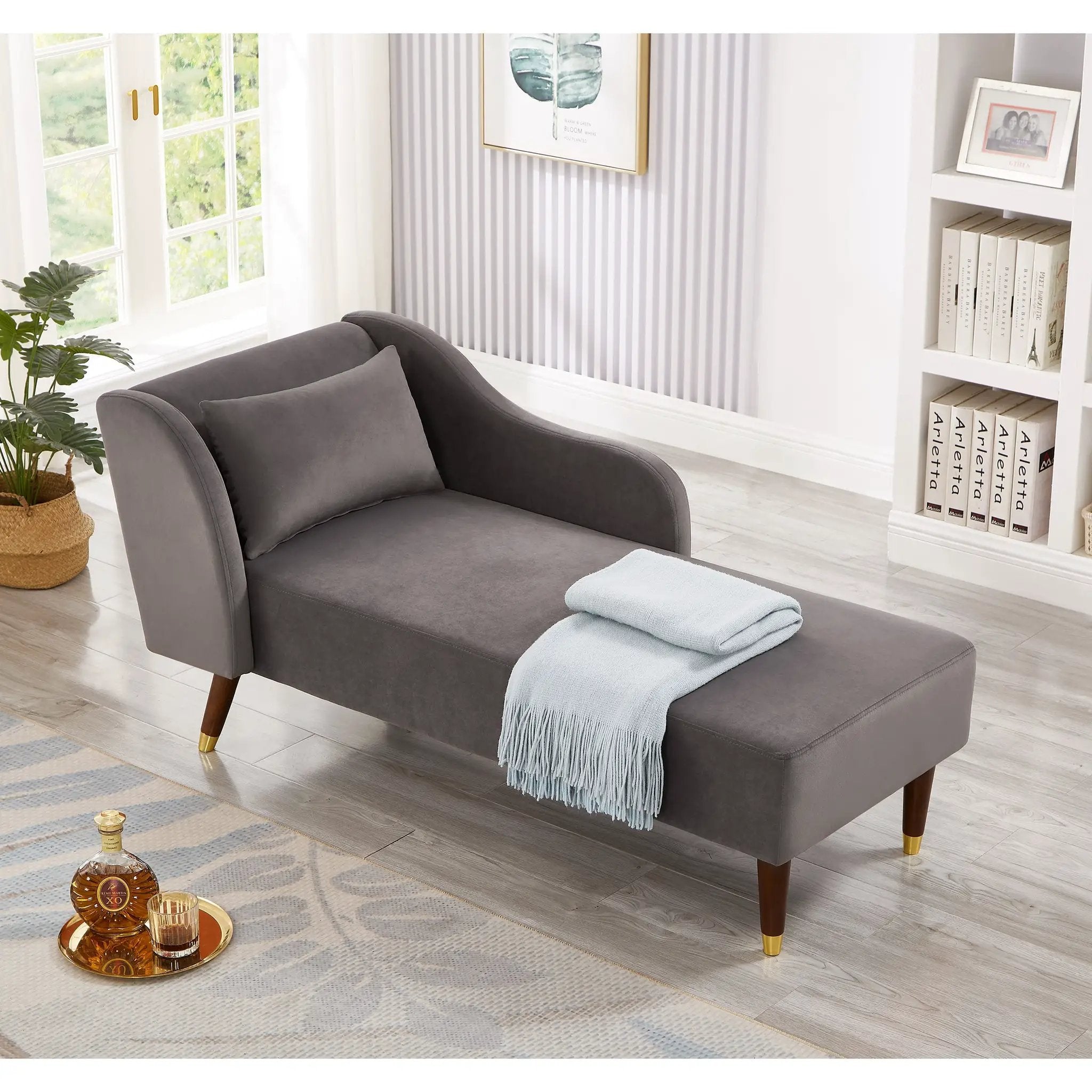 Modern Chaise Lounge Chair Velvet Upholstery (Grey) by HouseOfZazla
