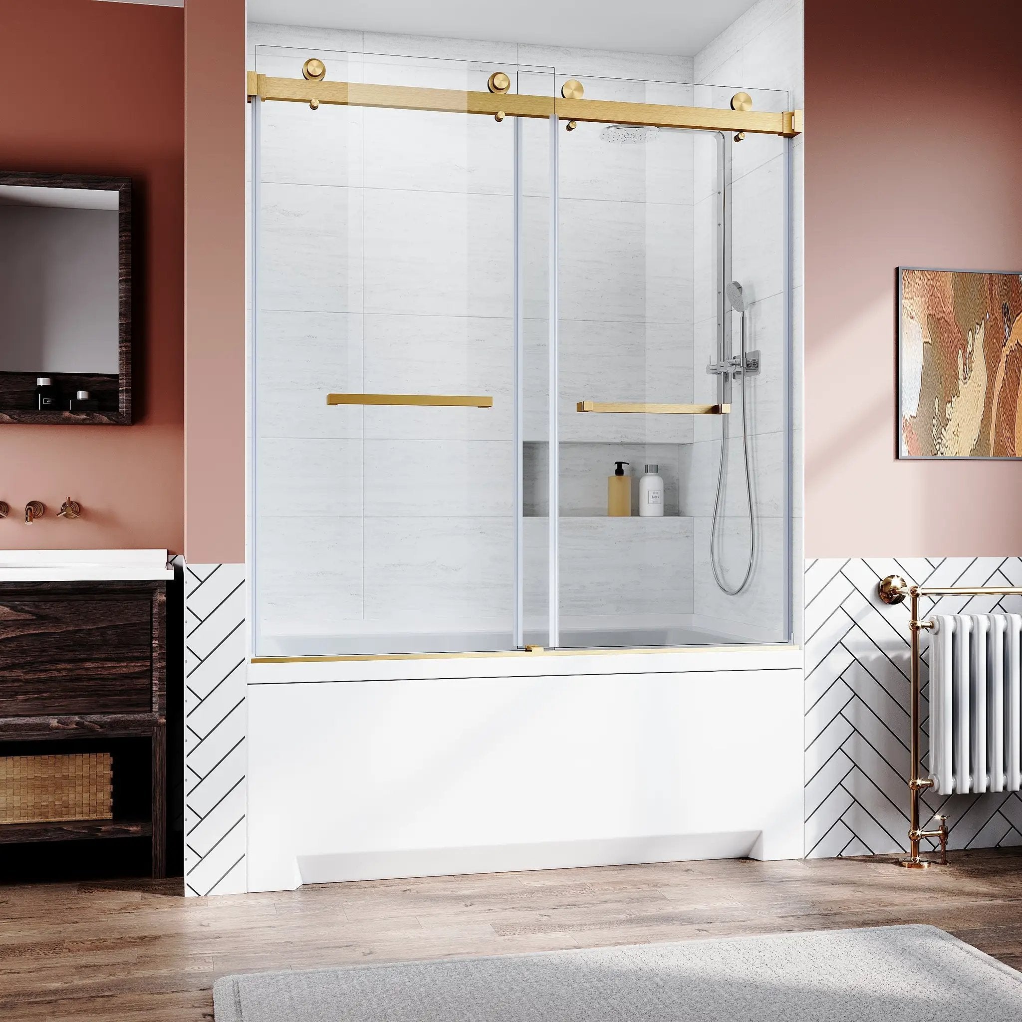 Brushed Gold Frameless Bathtub Door by HouseOfZazla