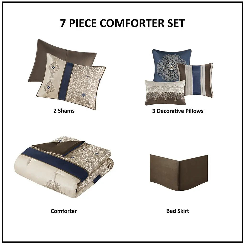 Queen 7 Piece Jacquard Comforter Set with Throw Pillows by HouseOfZazla