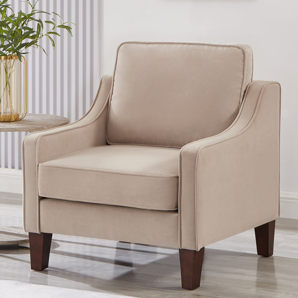 Modern Armchair, Living Room Single Seat Sofa Chair with Wooden Legs, Upholstered Velvet Accent Chair for Living Room, Bedroom