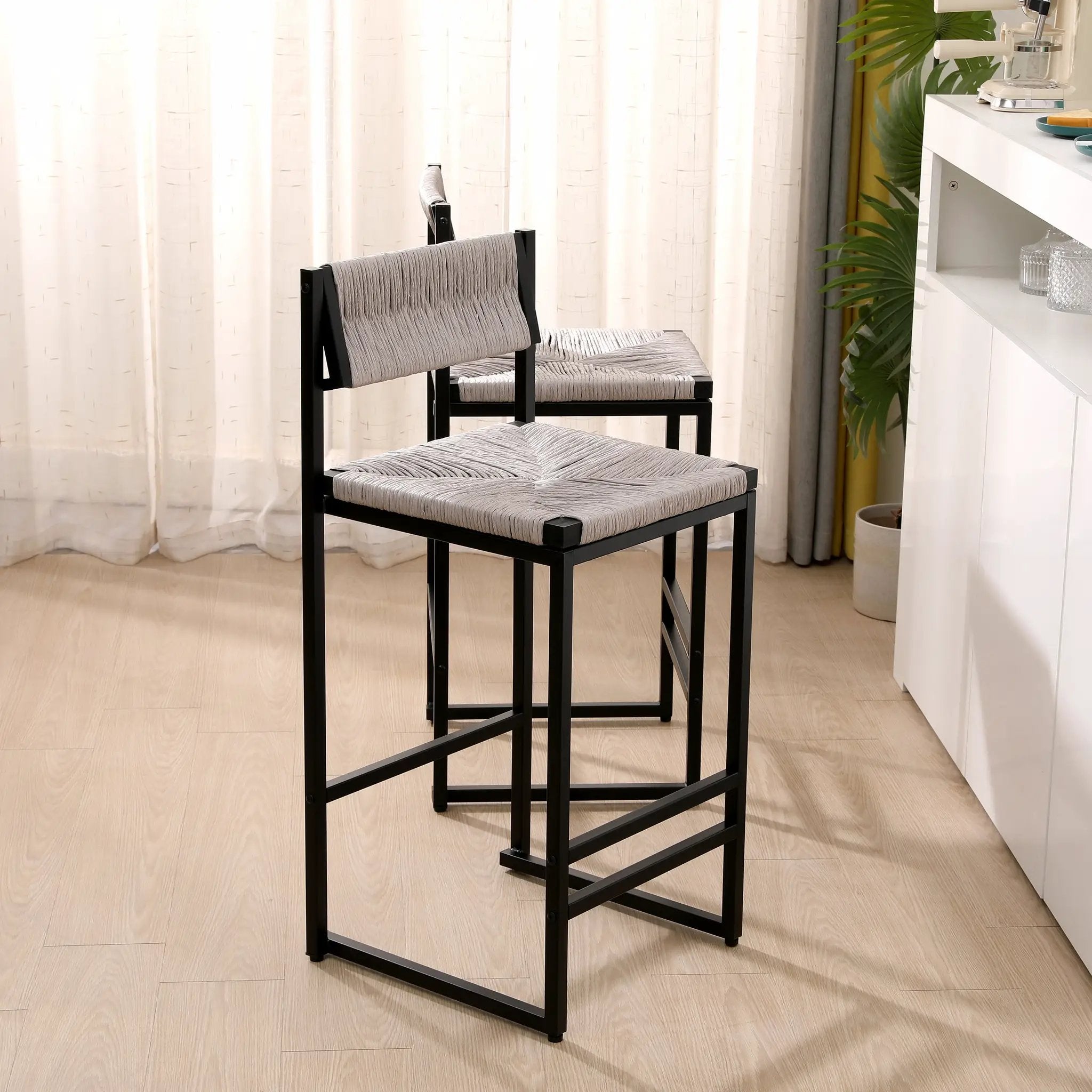 Gray Set of 2 Hand Weave Bar Stools with Back by HouseOfZazla