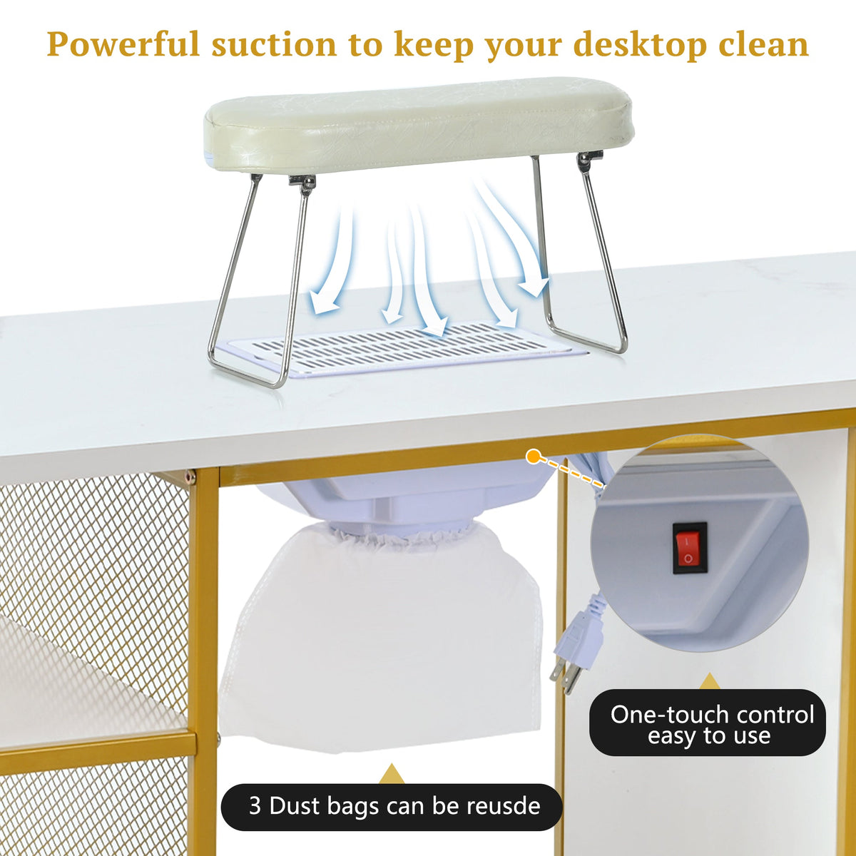 Manicure Table with Electric Downdraft Vent and Storage - Marbled MDF & Metal, photo 5 of 10