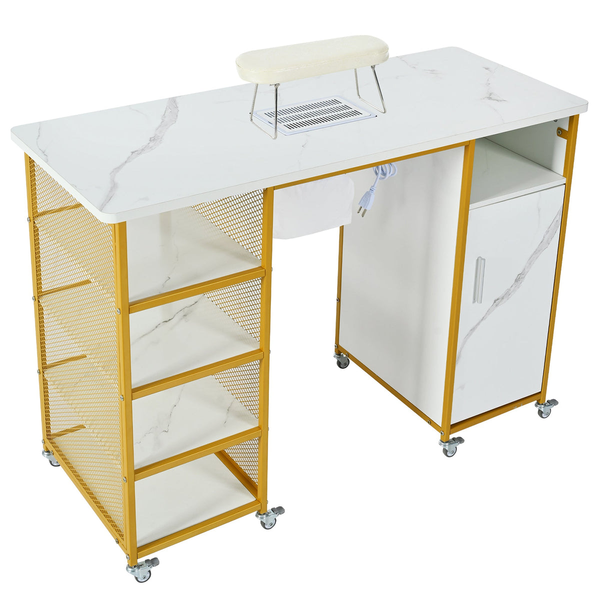 Manicure Table with Electric Downdraft Vent and Storage - Marbled MDF & Metal, photo 2 of 10