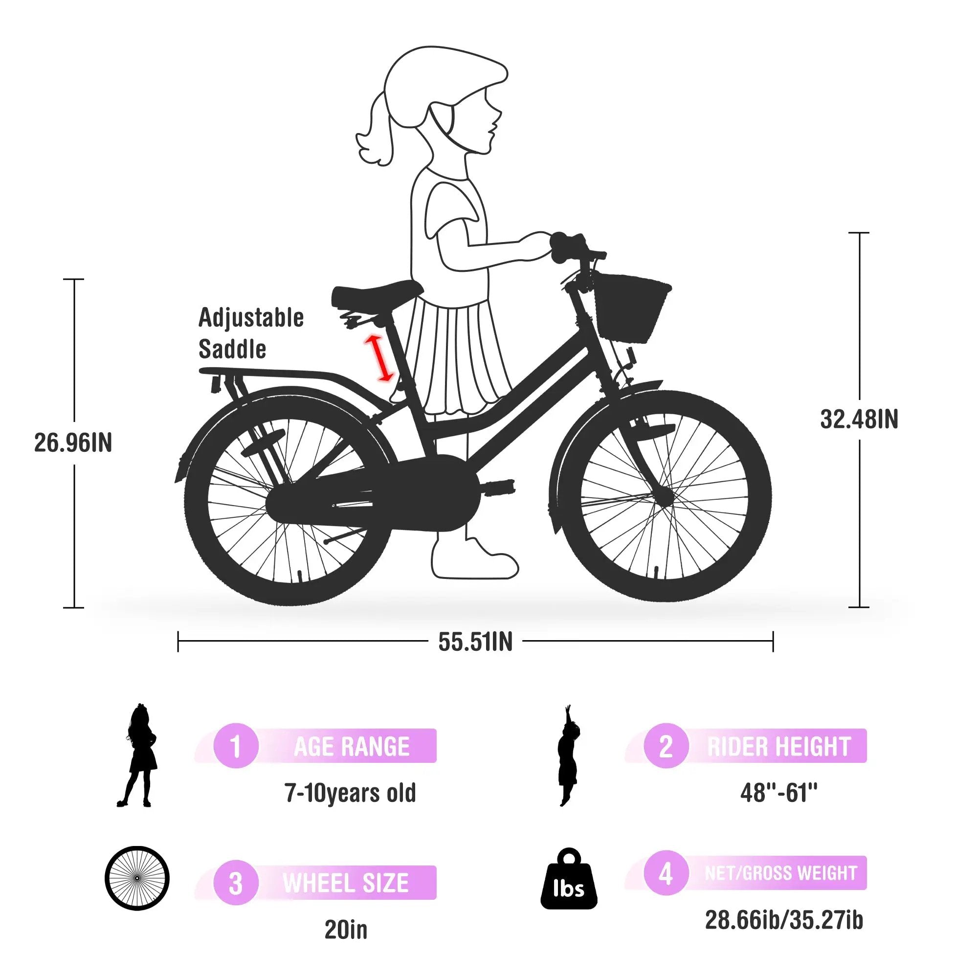 Girls Bike with Basket for Ages 7-10 Years - 20 Inch Wheels by HouseOfZazla
