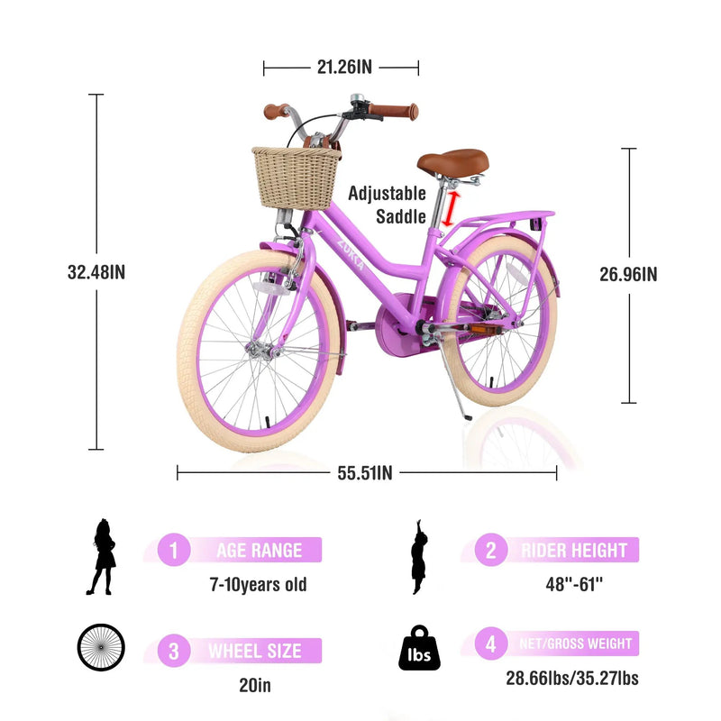 Girls Bike with Basket for Ages 7-10 Years - 20 Inch Wheels by HouseOfZazla