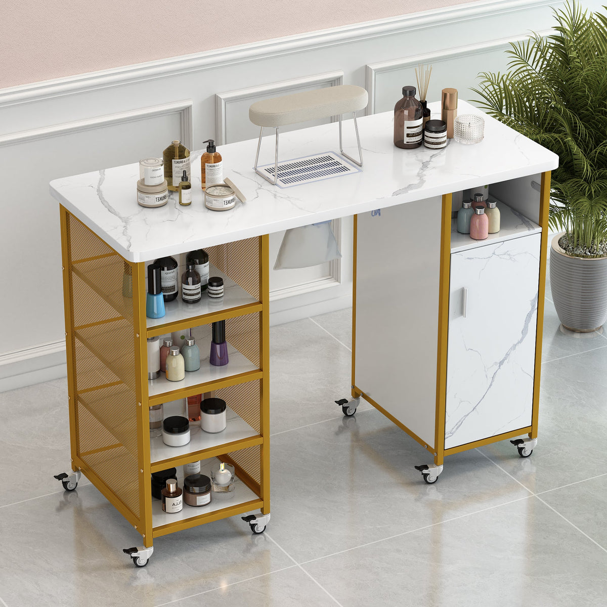 Manicure Table with Electric Downdraft Vent and Storage - Marbled MDF & Metal