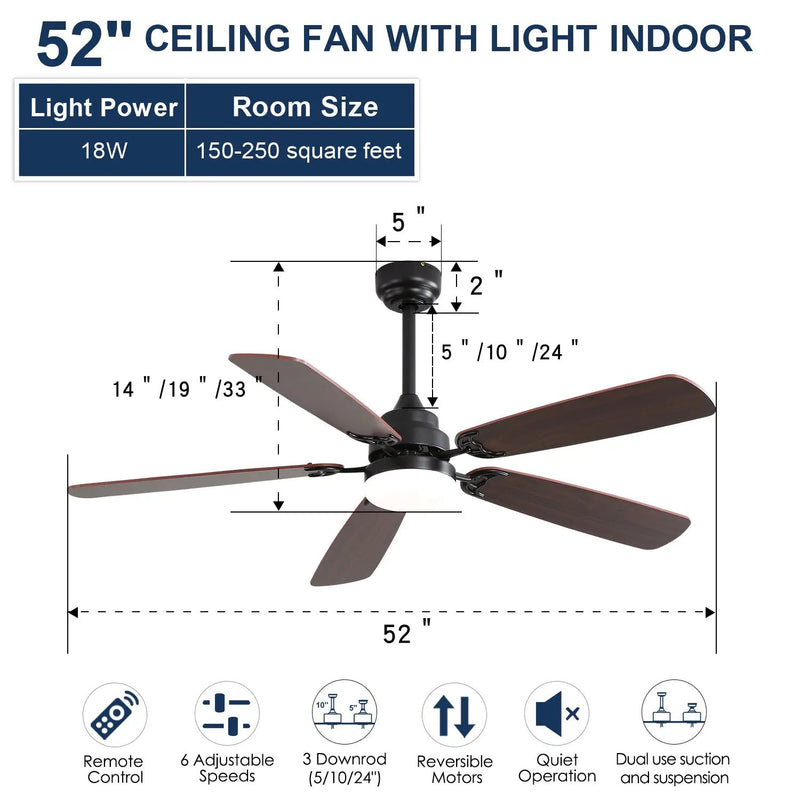 52 Inch Classics Ceiling Fan with LED Light & Remote Control by HouseOfZazla