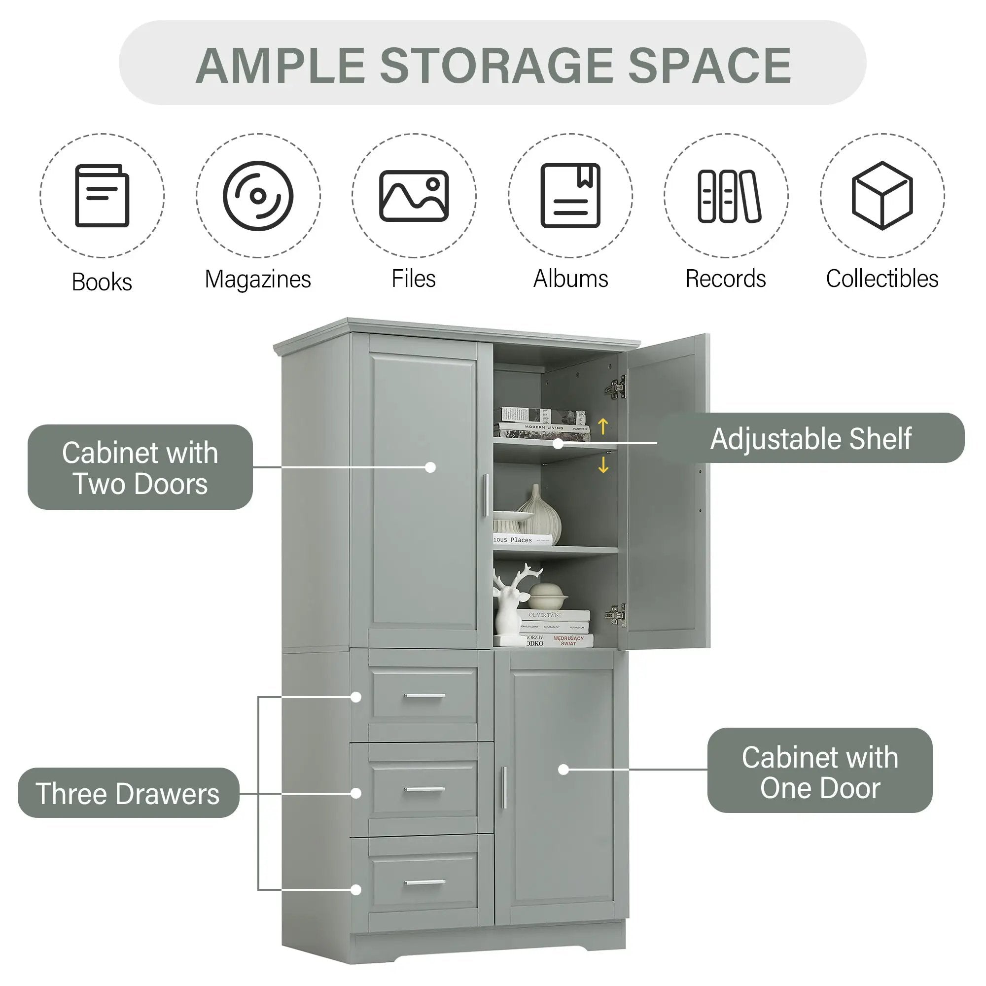 Tall and Wide Storage Cabinet with Doors for Bathroom or Office, Grey by HouseOfZazla