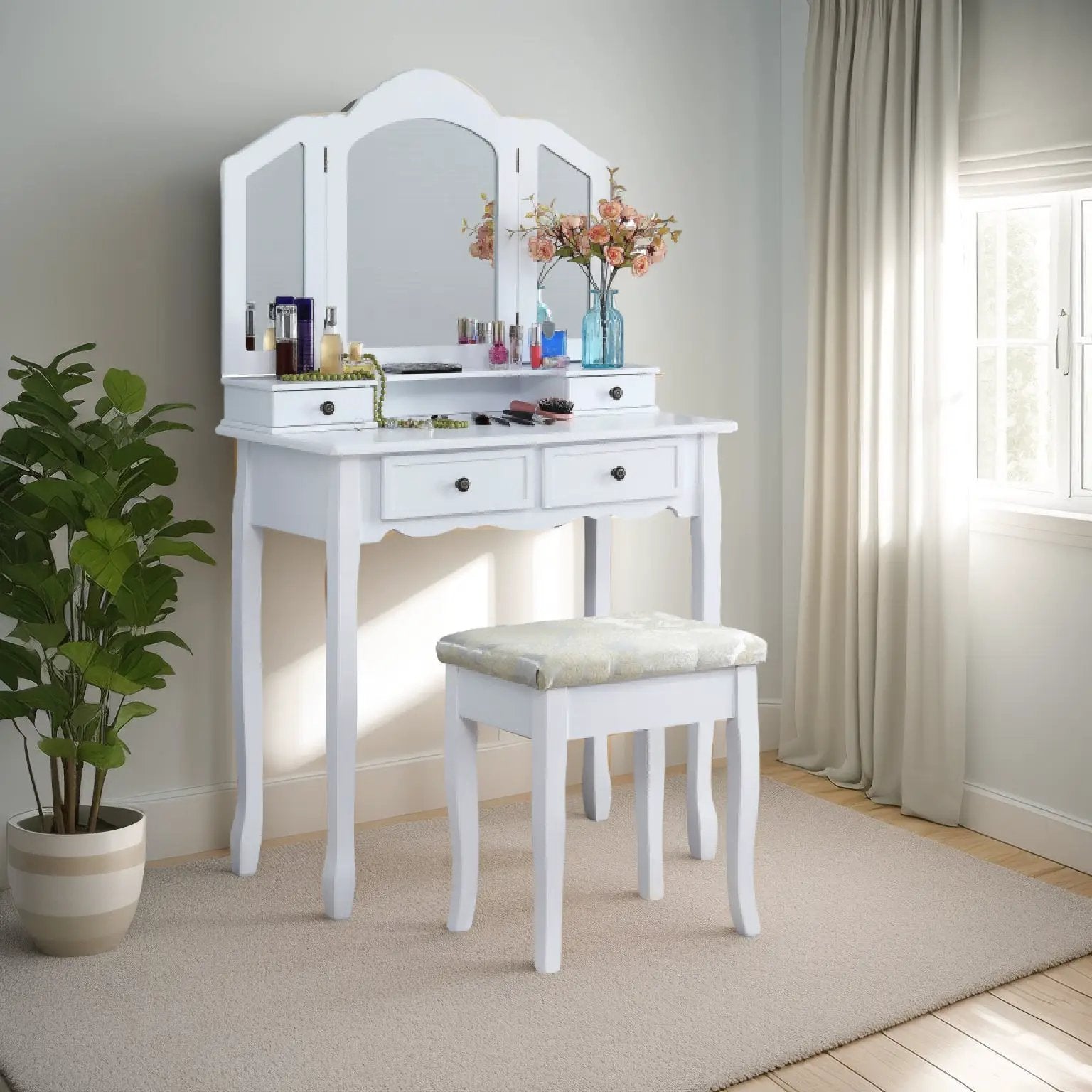 Sanlo Wooden Vanity Makeup Table and Stool Set by HouseOfZazla