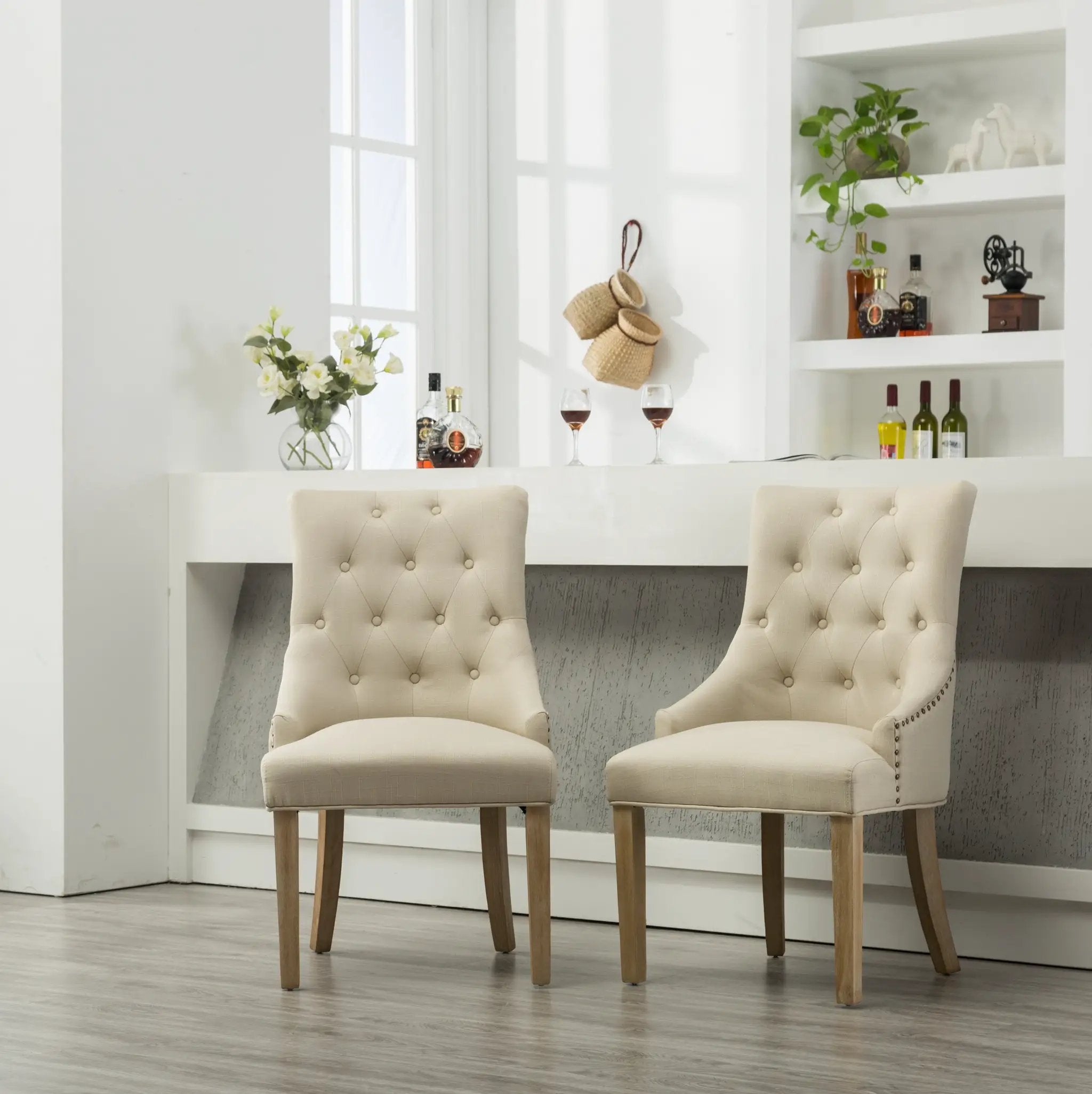 Tan Button Tufted Solid Wood Wingback Hostess Chairs Set of 2 by HouseOfZazla