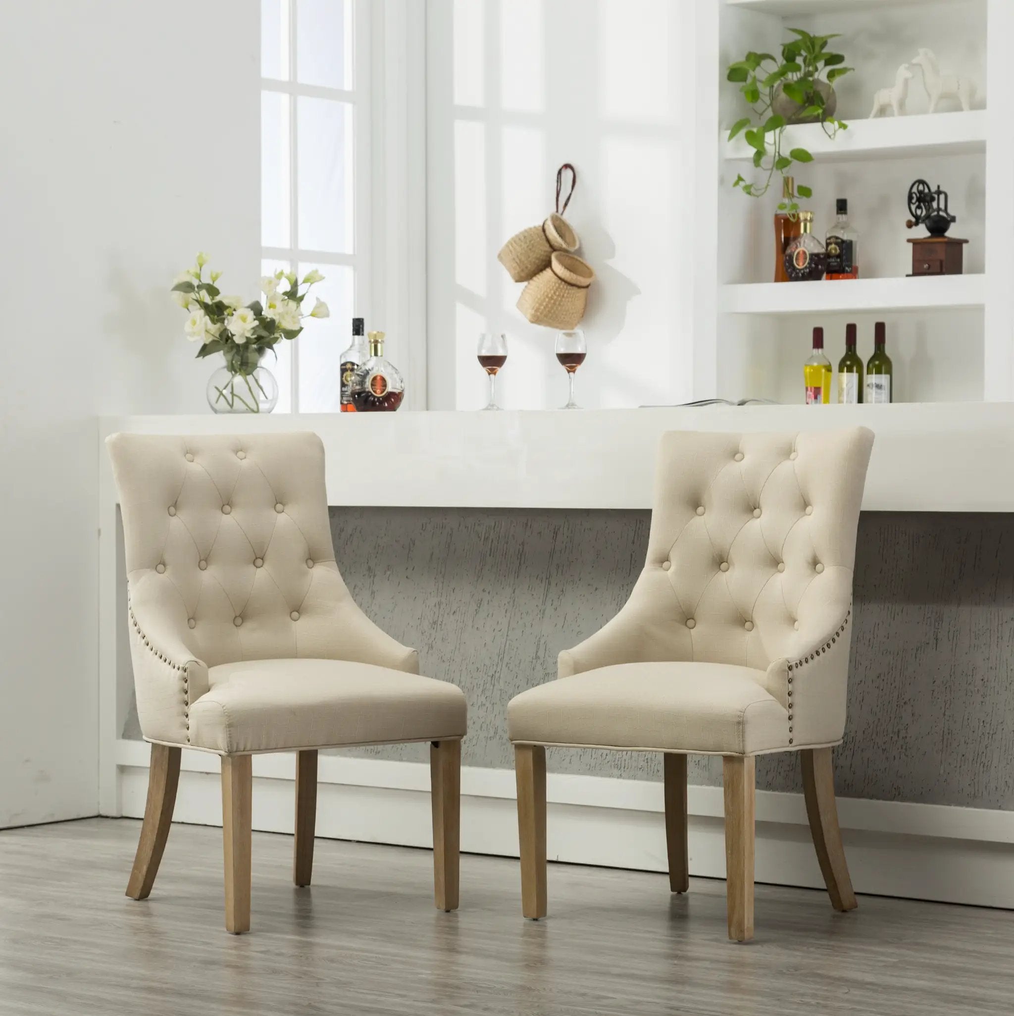 Tan Button Tufted Solid Wood Wingback Hostess Chairs Set of 2 by HouseOfZazla
