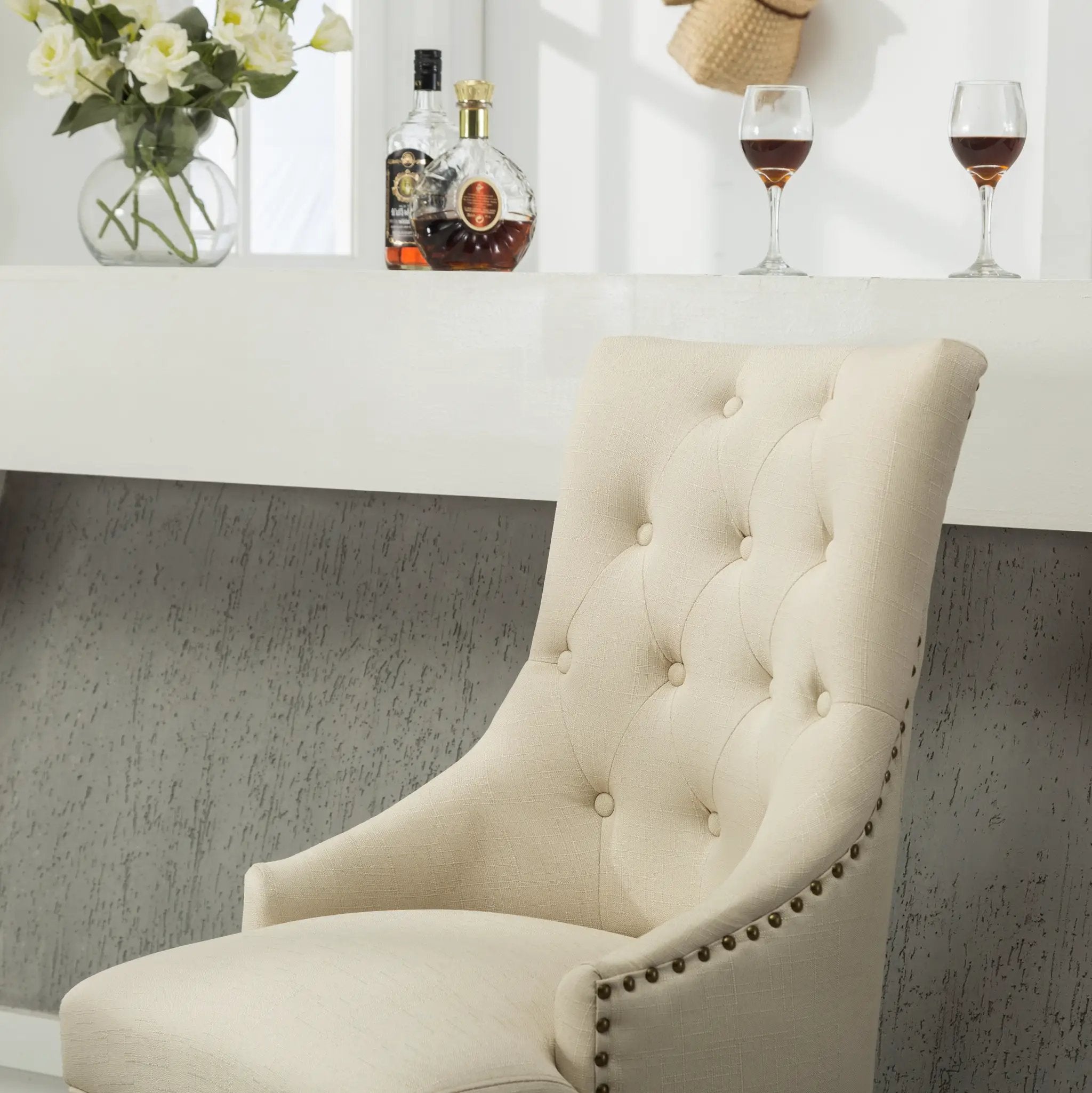 Tan Button Tufted Solid Wood Wingback Hostess Chairs Set of 2 by HouseOfZazla