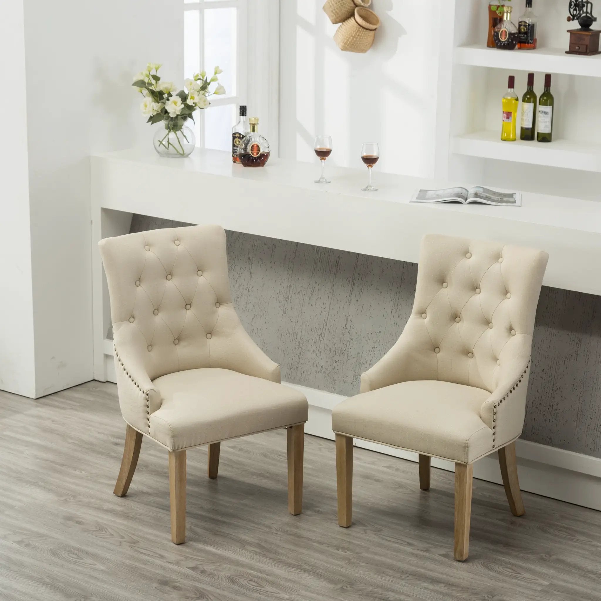 Tan Button Tufted Solid Wood Wingback Hostess Chairs Set of 2 by HouseOfZazla