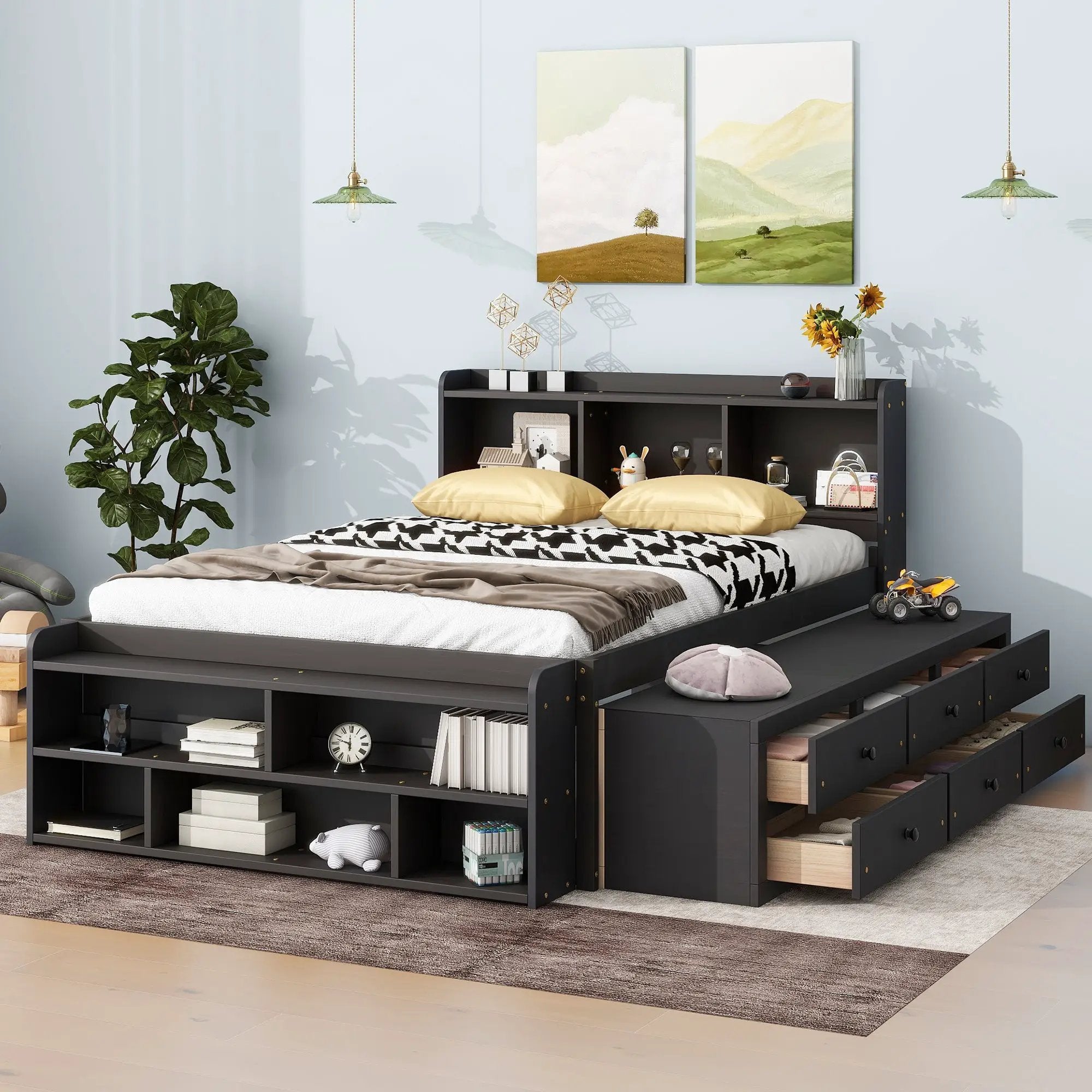 Full Bed with Bookcase Headboard, Under Bed Storage Drawers and Bed End Storage Case by HouseOfZazla