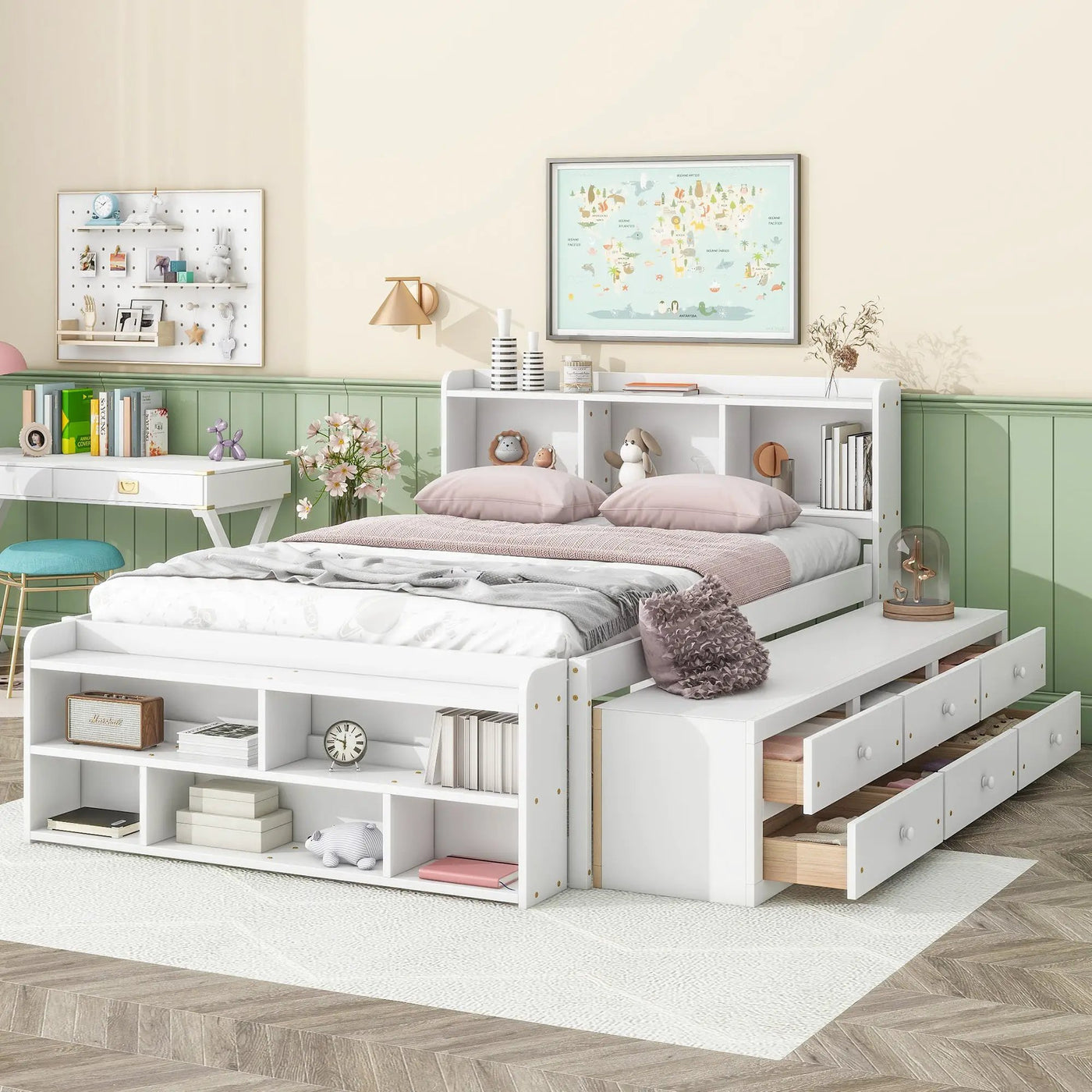 Full Bed with Bookcase Headboard, Under Bed Storage Drawers and Bed End Storage Case by HouseOfZazla