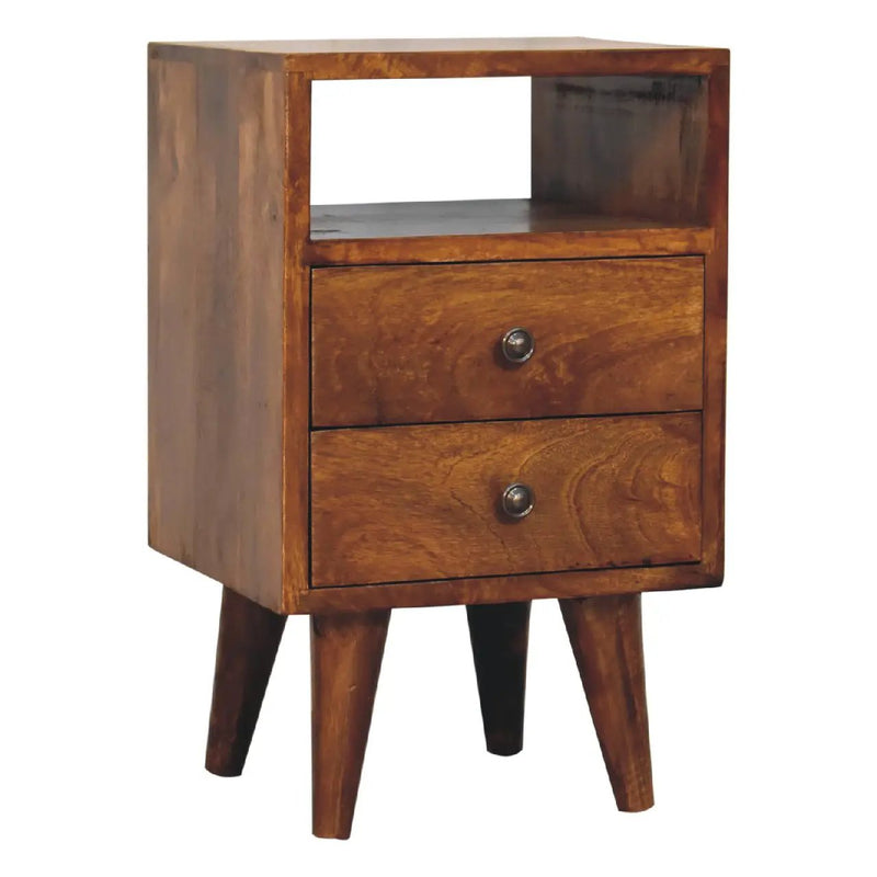 Solid Wood Mini Classic Chestnut Bedside, 2-Drawers, 1 Open Slot, Nordic Legs by HouseOfZazla