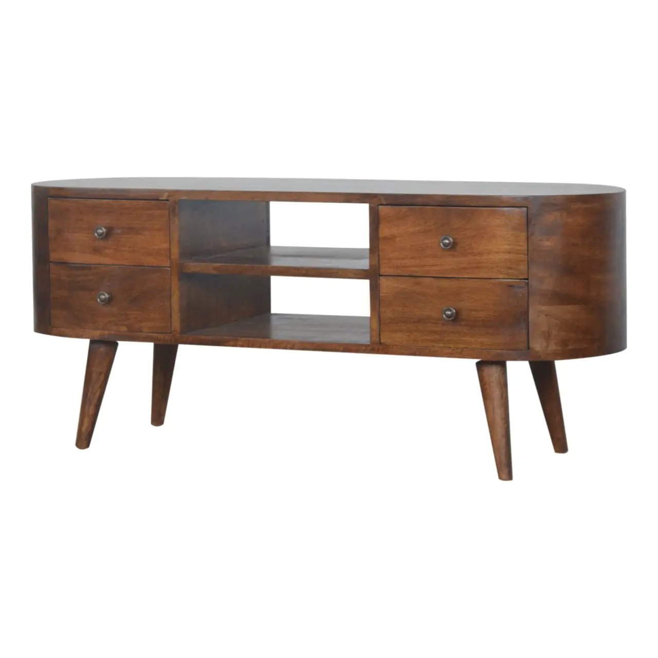Chestnut Rounded Entertainment Unit, Nordic Legs, 4-Drawers, 2 Open Slot by HouseOfZazla