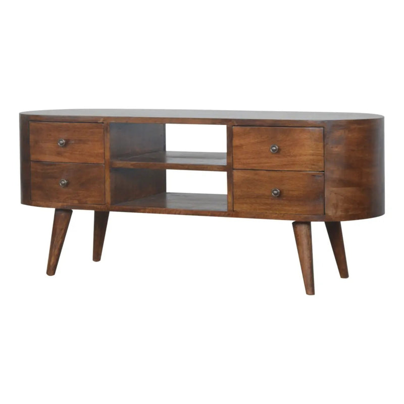 Chestnut Rounded Entertainment Unit, Nordic Legs, 4-Drawers, 2 Open Slot by HouseOfZazla