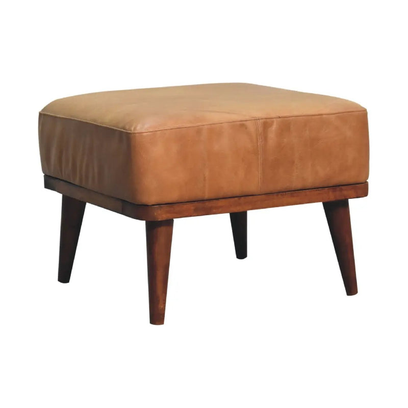 Tan Buffalo Leather Footstool, Upholstered, Nordic Legs by HouseOfZazla