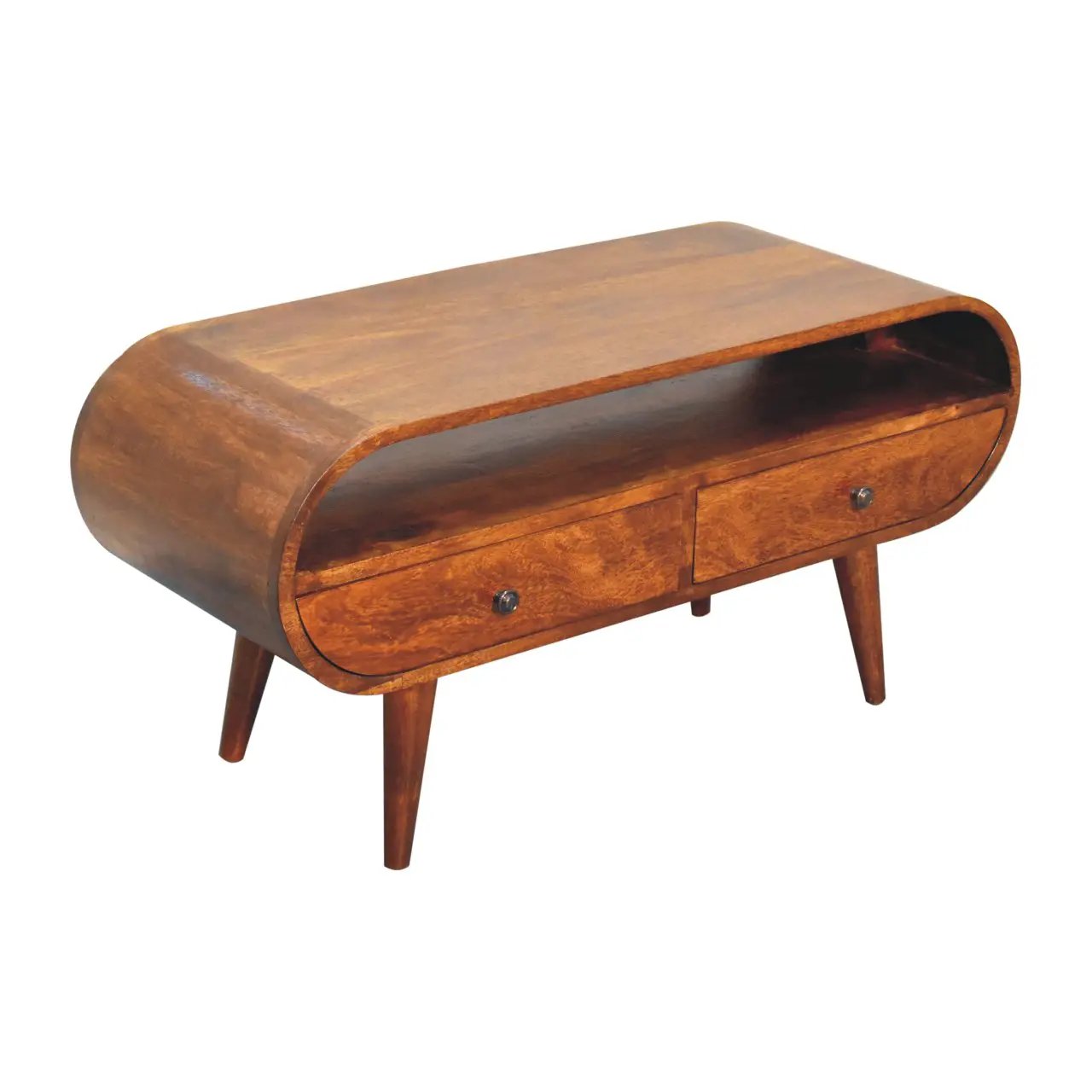 Chestnut Circular TV Stand, 2-Drawers, Open Slot, Nordic Legs by HouseOfZazla