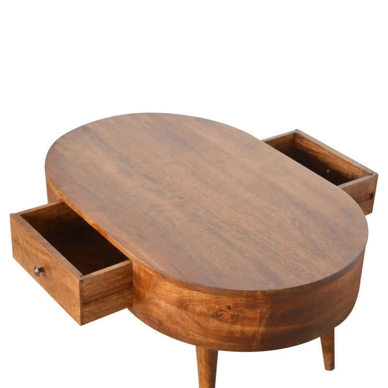 Chestnut Rounded Coffee Table, Nordic Legs, 2-Drawers by HouseOfZazla