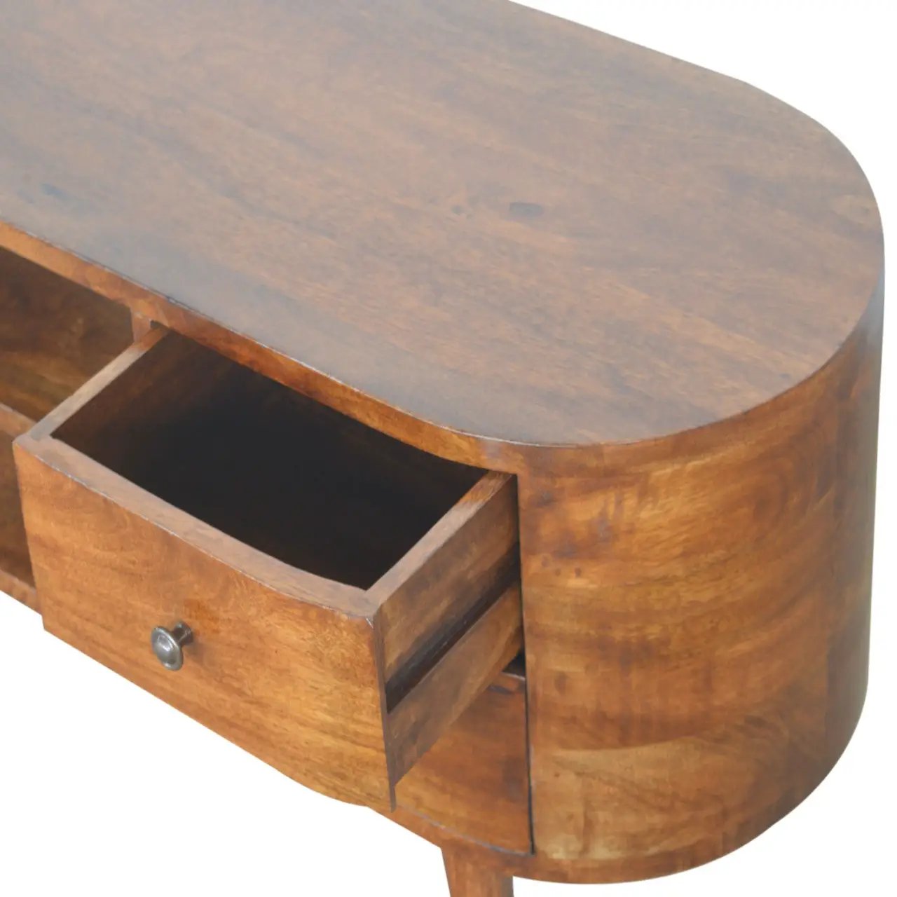 Chestnut Rounded Entertainment Unit, Nordic Legs, 4-Drawers, 2 Open Slot by HouseOfZazla