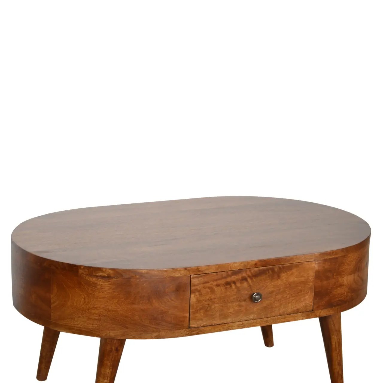 Chestnut Rounded Coffee Table, Nordic Legs, 2-Drawers by HouseOfZazla