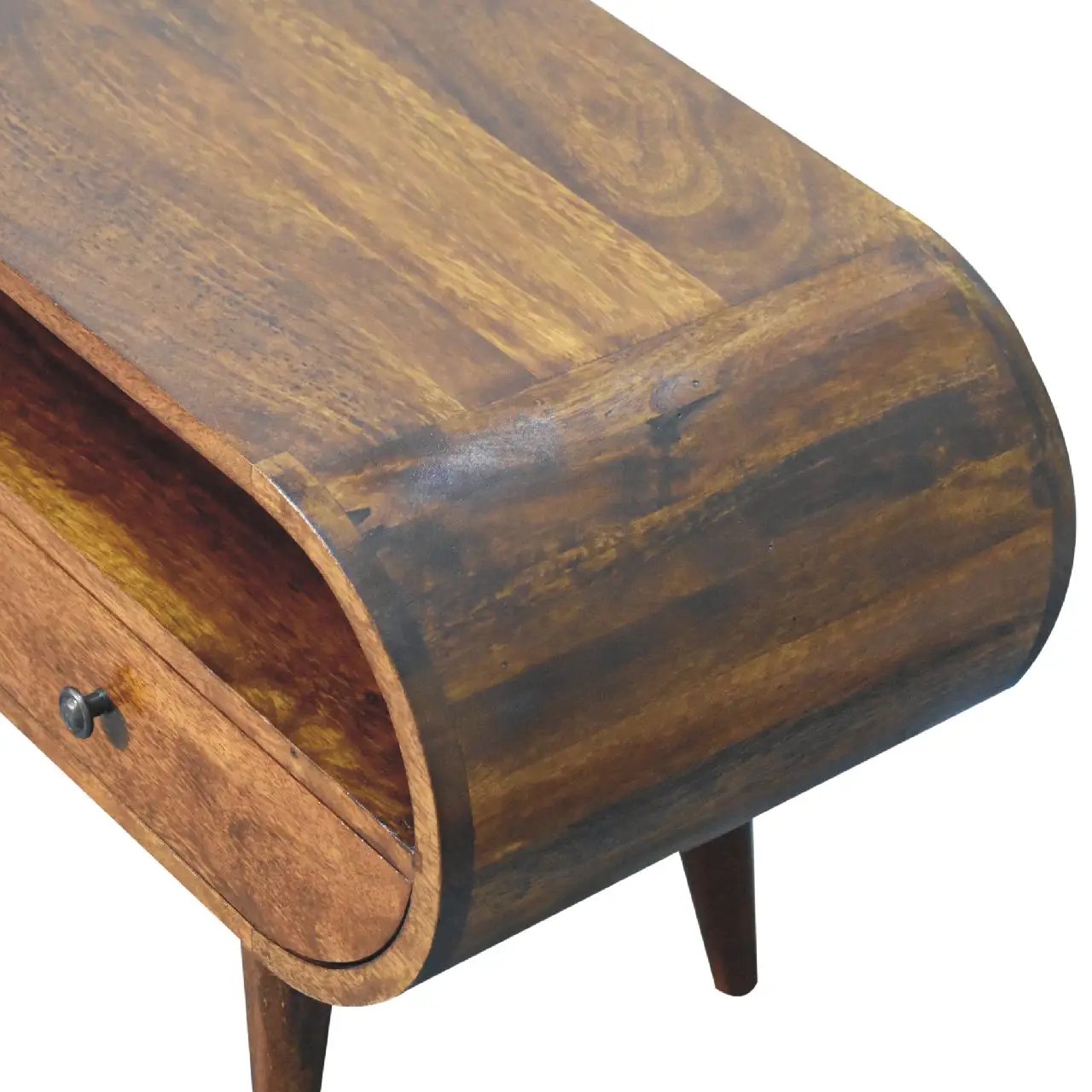 Chestnut Circular TV Stand, 2-Drawers, Open Slot, Nordic Legs by HouseOfZazla