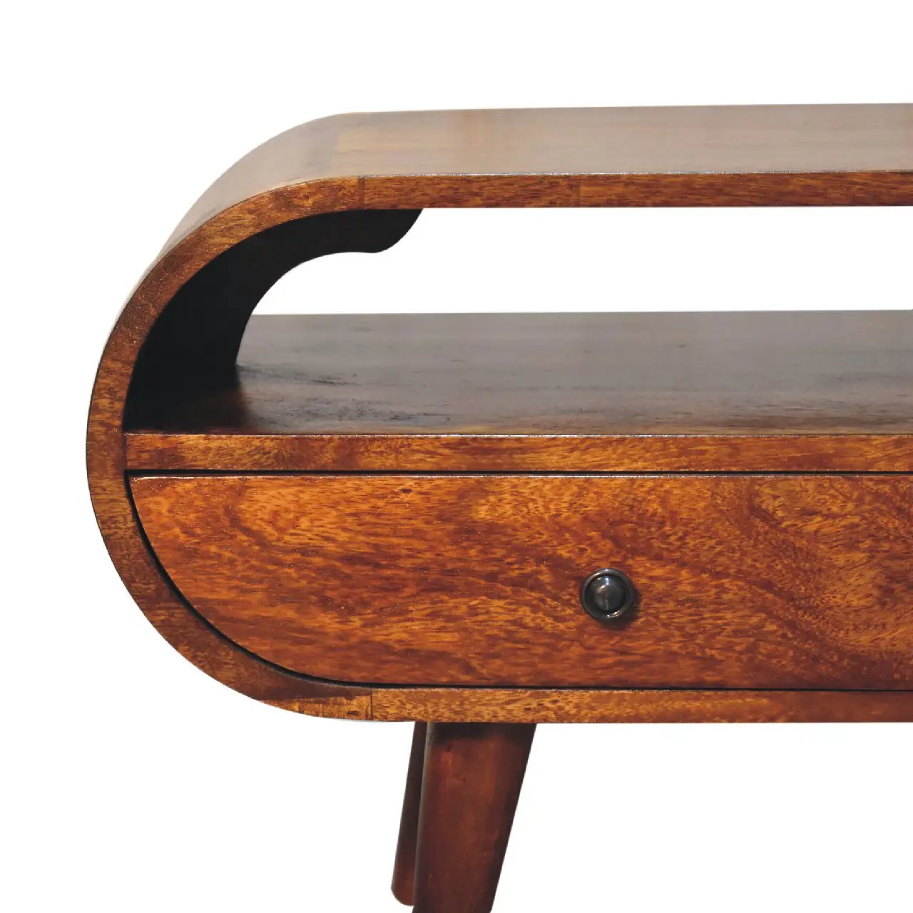 Chestnut Circular TV Stand, 2-Drawers, Open Slot, Nordic Legs by HouseOfZazla