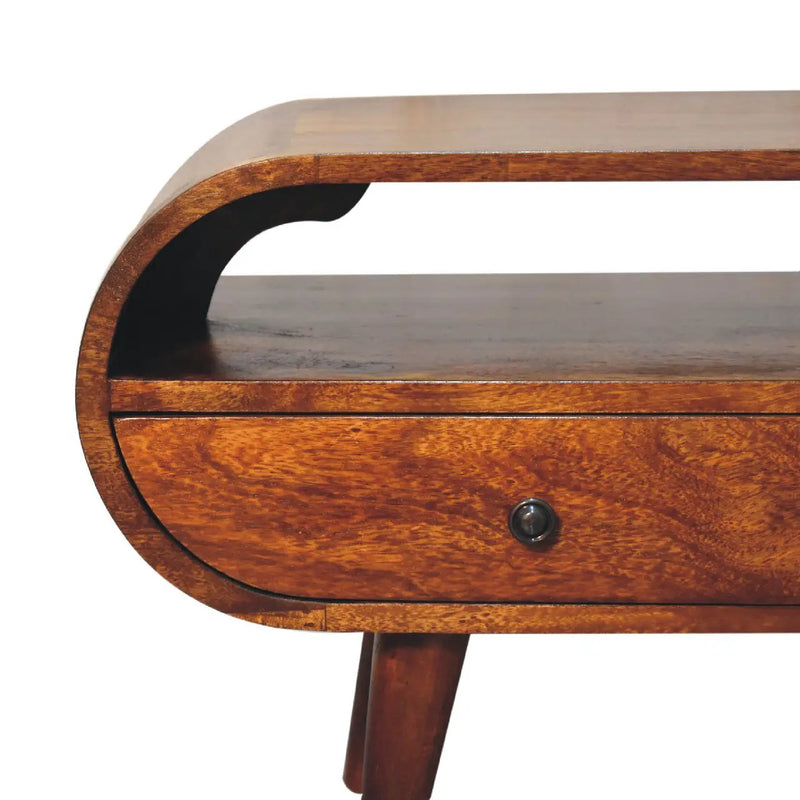 Chestnut Circular TV Stand, 2-Drawers, Open Slot, Nordic Legs by HouseOfZazla