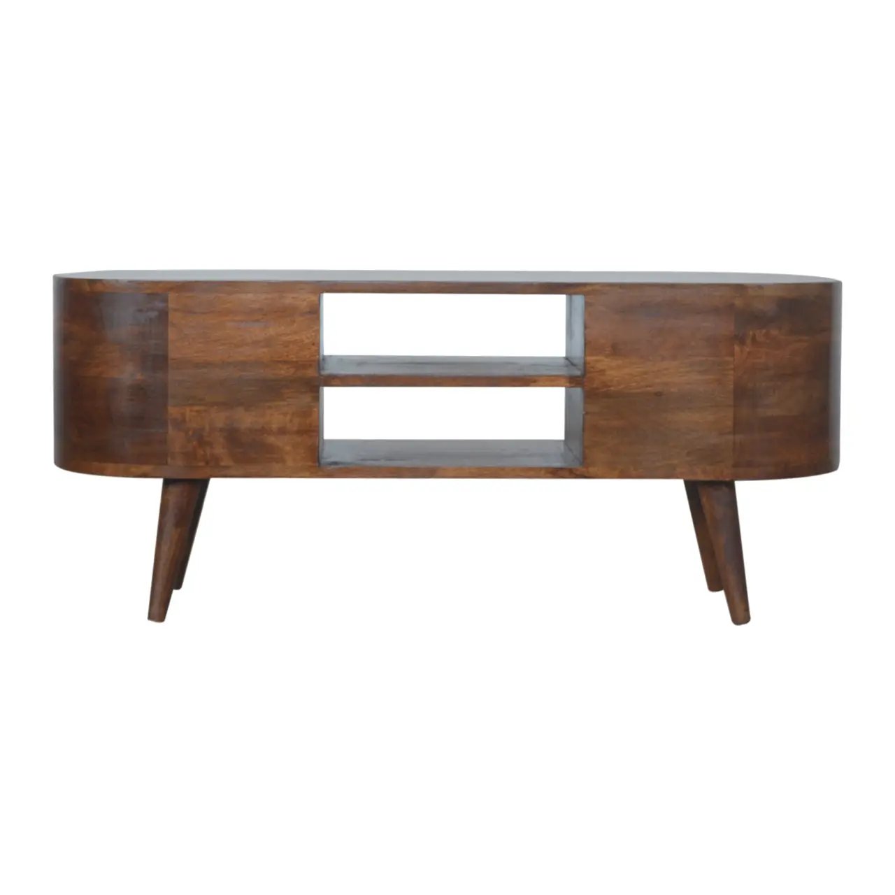 Chestnut Rounded Entertainment Unit, Nordic Legs, 4-Drawers, 2 Open Slot by HouseOfZazla