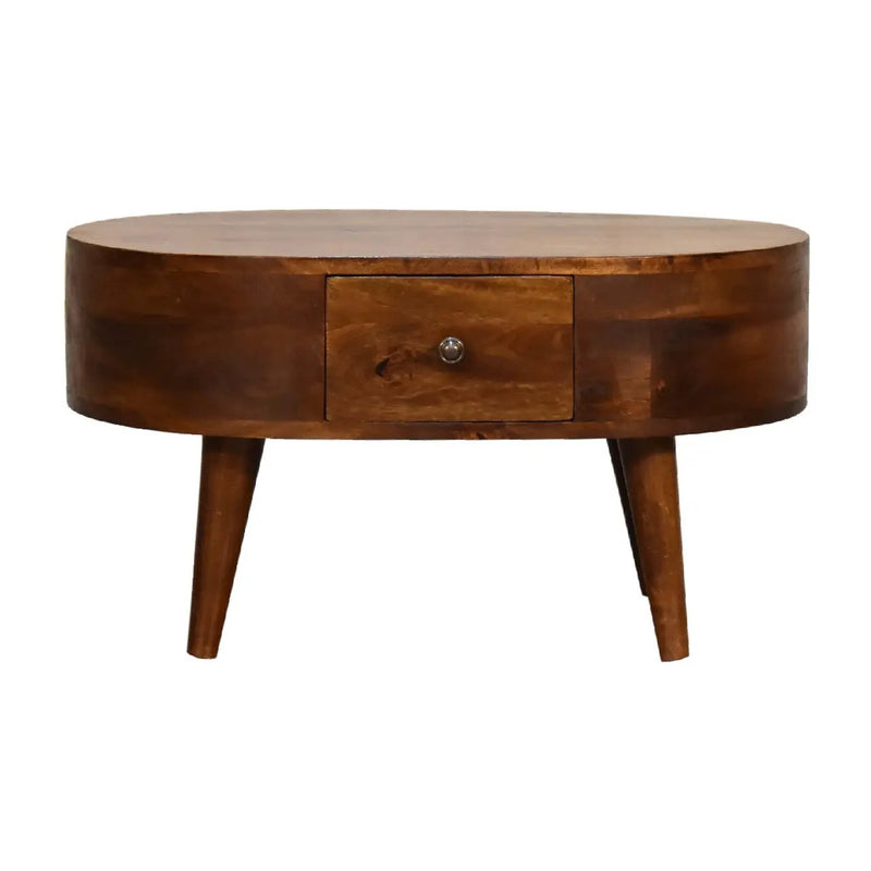 Solid Wood Mini Chestnut Rounded Coffee Table, 2-Drawers by HouseOfZazla