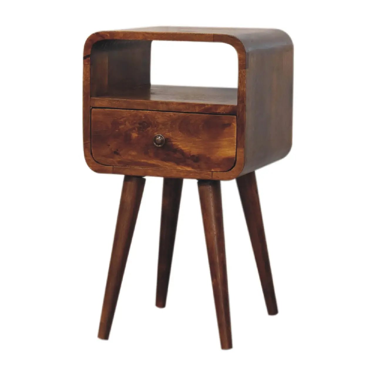 Solid Wood Mini Curve Bedside, 1-Drawer, 1 Open Slot, Chestnut by HouseOfZazla