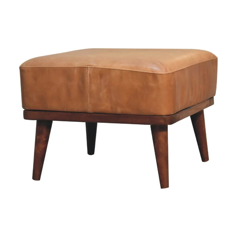 Tan Buffalo Leather Footstool, Upholstered, Nordic Legs by HouseOfZazla