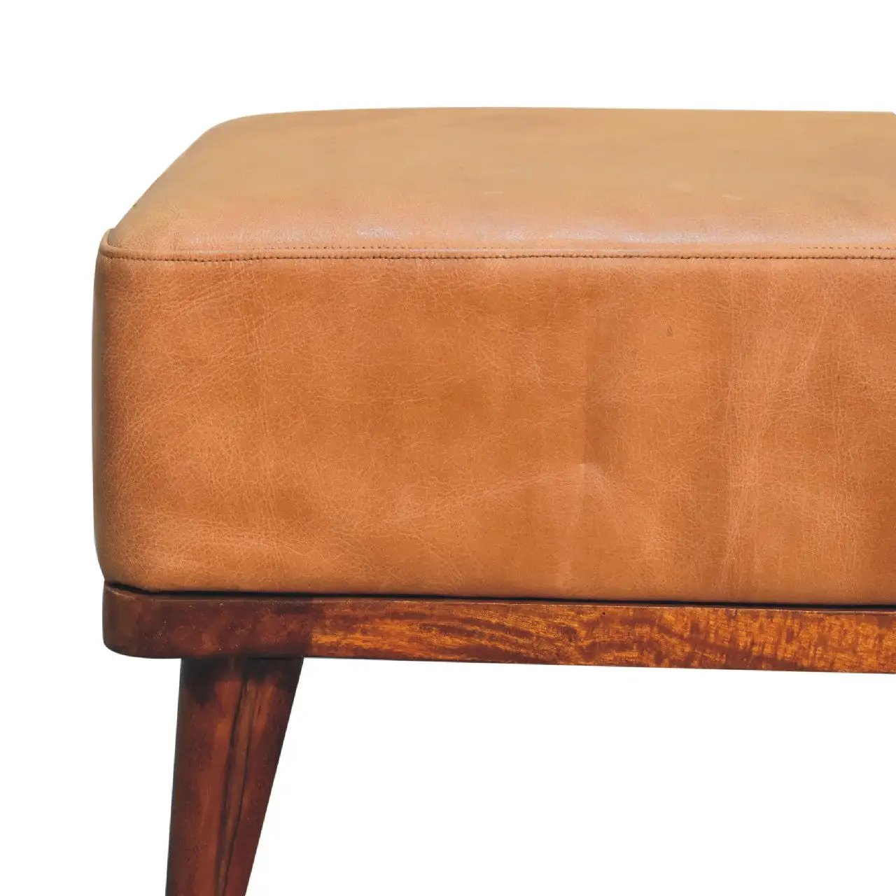 Tan Buffalo Leather Footstool, Upholstered, Nordic Legs by HouseOfZazla
